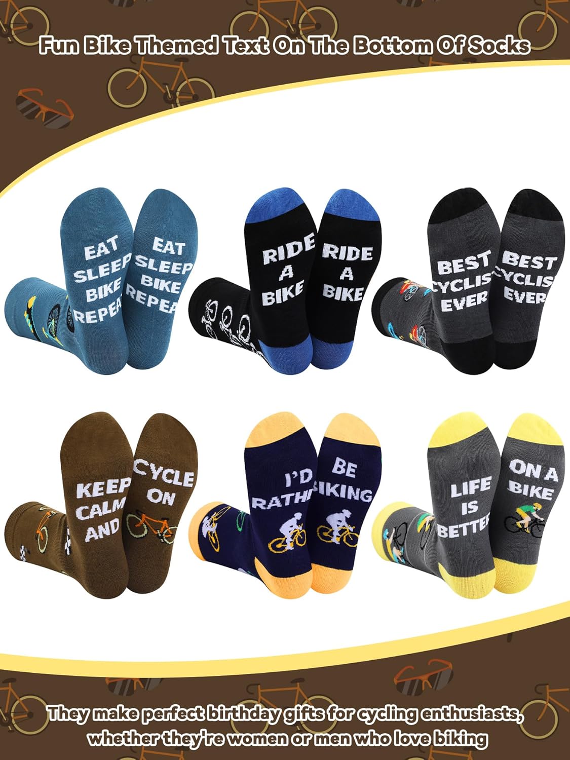 Eurzom 6 Pairs Funny Bike Socks for Men Novelty Cycling Cotton Casual Socks Birthday Holiday Gift for Outdoor Biking Lover - Image 3