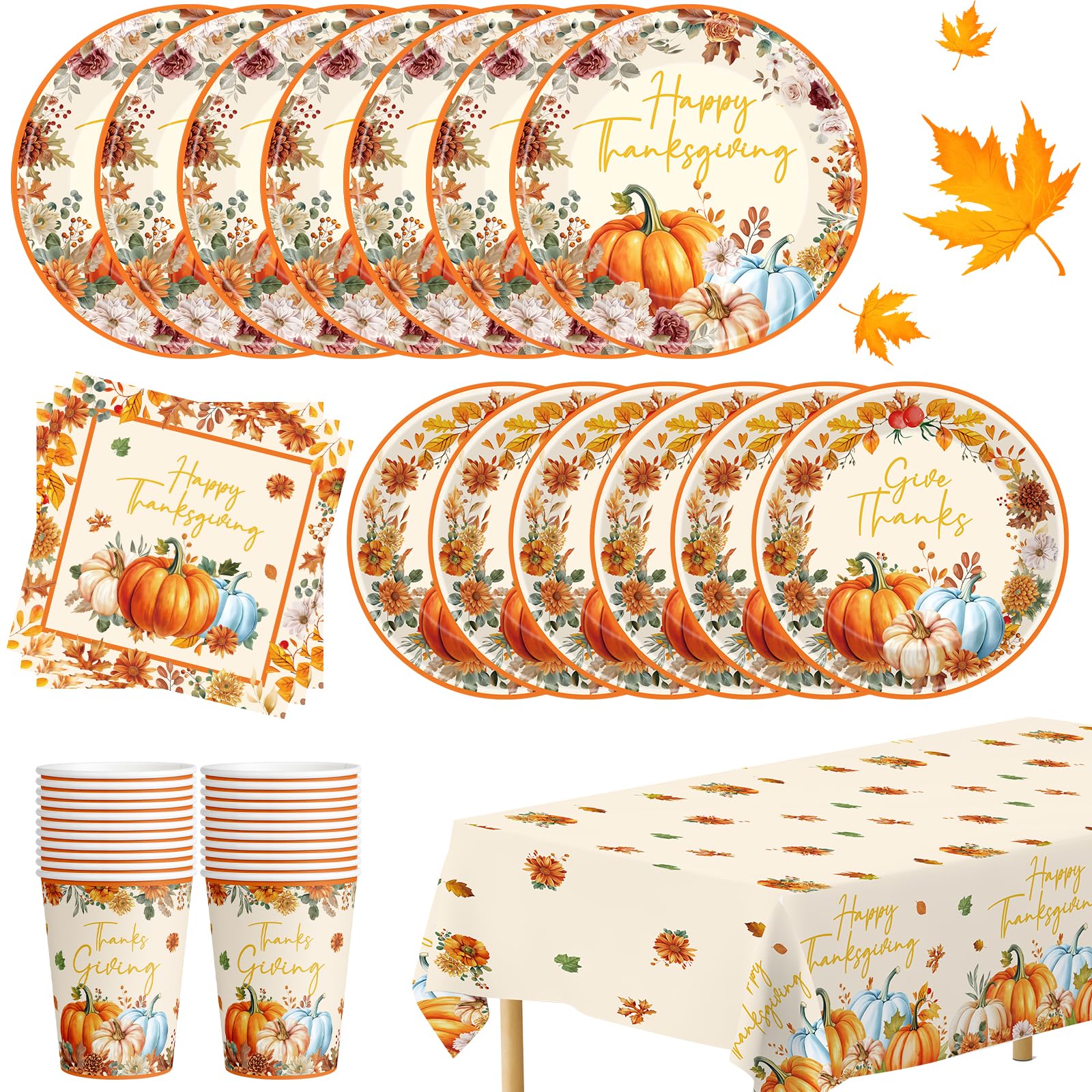 81 Pcs Thanksgiving Plates and Napkins, Watercolor Pumpkin Thanksgiving Paper Plates Napkins Cups Tablecloth Set, Disposable Give Thanks Tableware for Fall Thanks Giving Party Supplies Table Decor