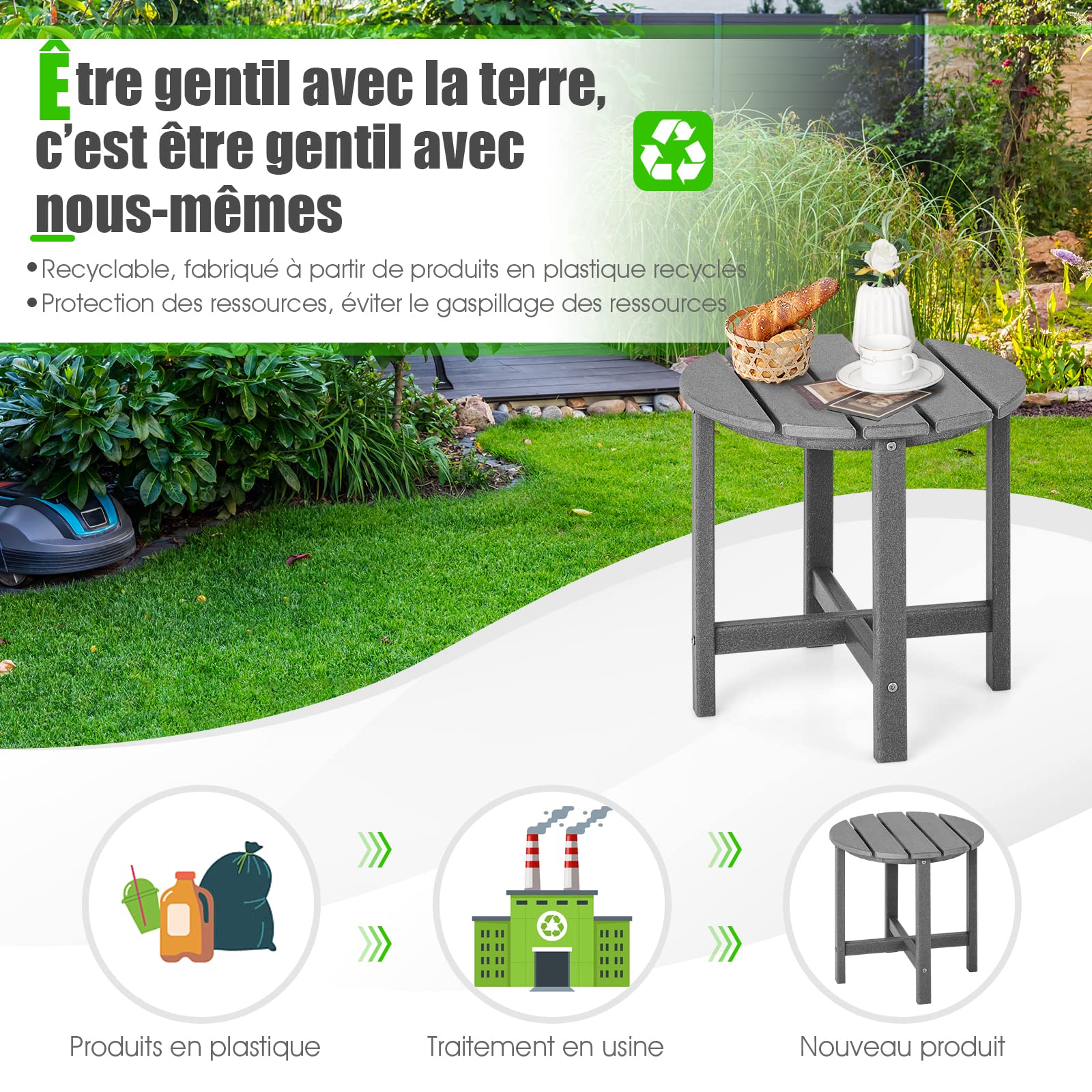 COSTWAY Table d’Appoint Extérieure en HDPE Résistante aux Intempéries Charge 100KG, Table Basse de Jardin Ronde Design Adirondack, pour Patio Terrasse Cour 46 x 46 cm, Gris