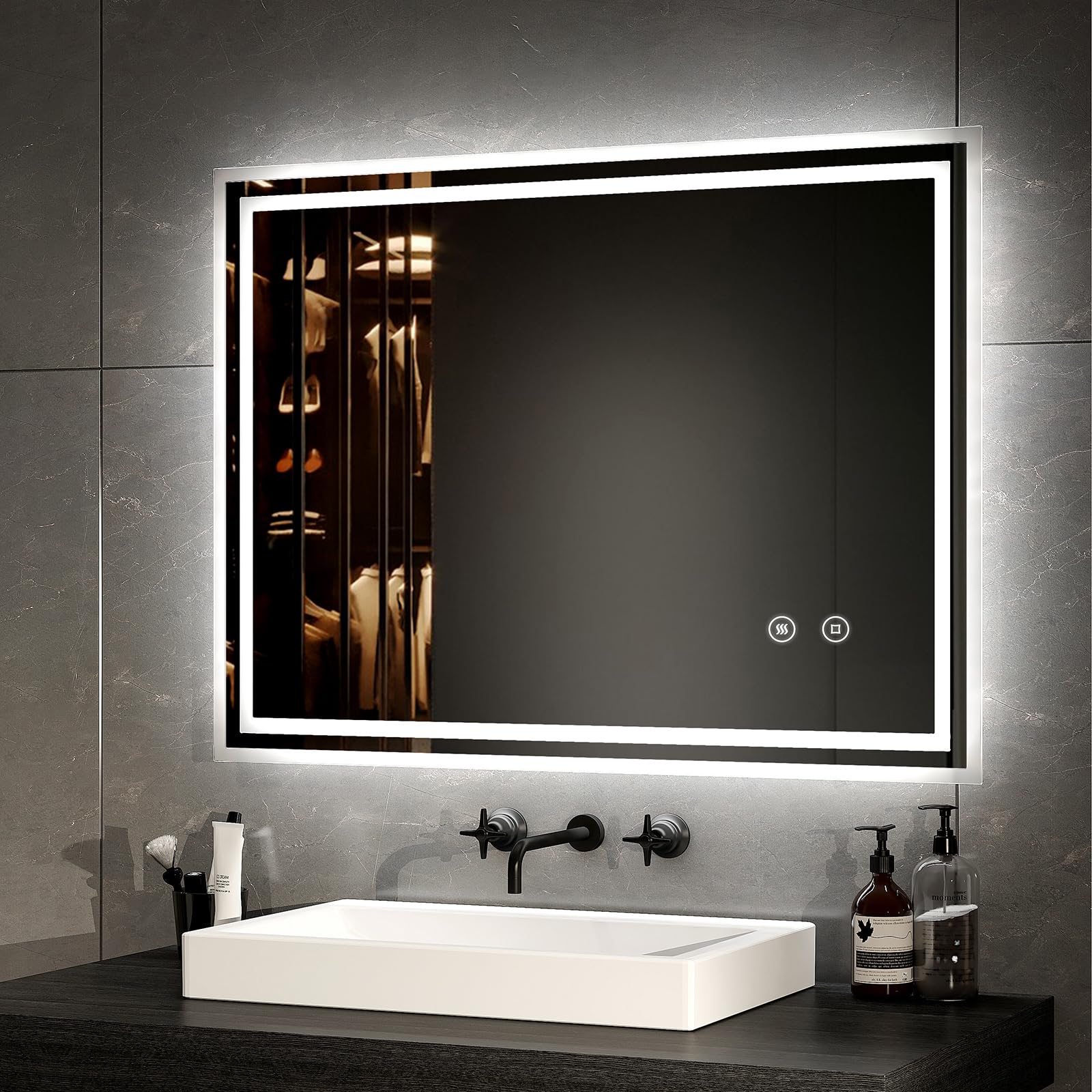 EMKE Miroir de Salle de Bain, Miroir LED, 90x70cm, Miroir de Salle de Bain Rectangle avec Interrupteur Tactile, Anti-buée, Lumière Blanche Froide EMKE Miroir de Salle de Bain, Miroir LED, 90x70cm, Miroir de Salle de Bain Rectangle avec Interrupteur Tactile, Anti-buée, Lumière Blanche Froide