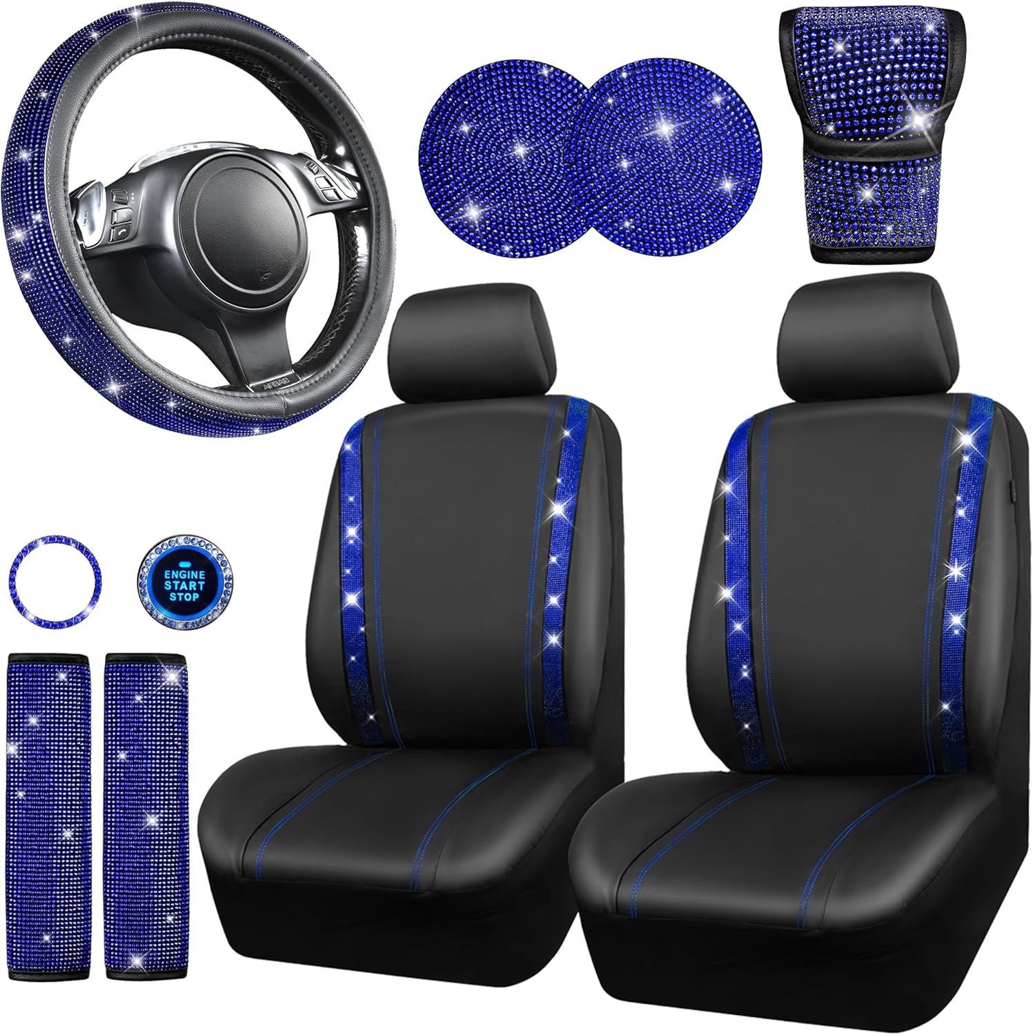 CAR PASS Leather Diamond Bling Seat Covers Sets 11 pcs, Bling Car Accessories Set