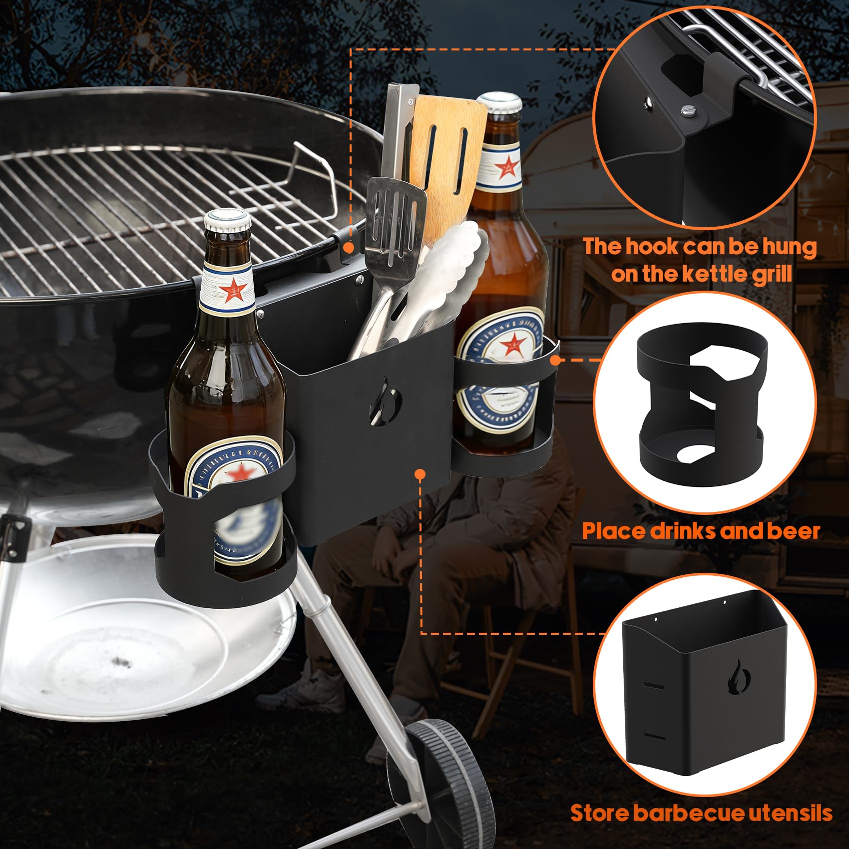 onlyfire Grillbesteck Halter für Weber 47cm und 57cm Kugelgrills, BBQ Besteckhalter mit 2 Flaschenhalter/Saucenhalter, Gasgrill Bierhalter, Grill Flaschenhalter, Halterung Grillzubehör