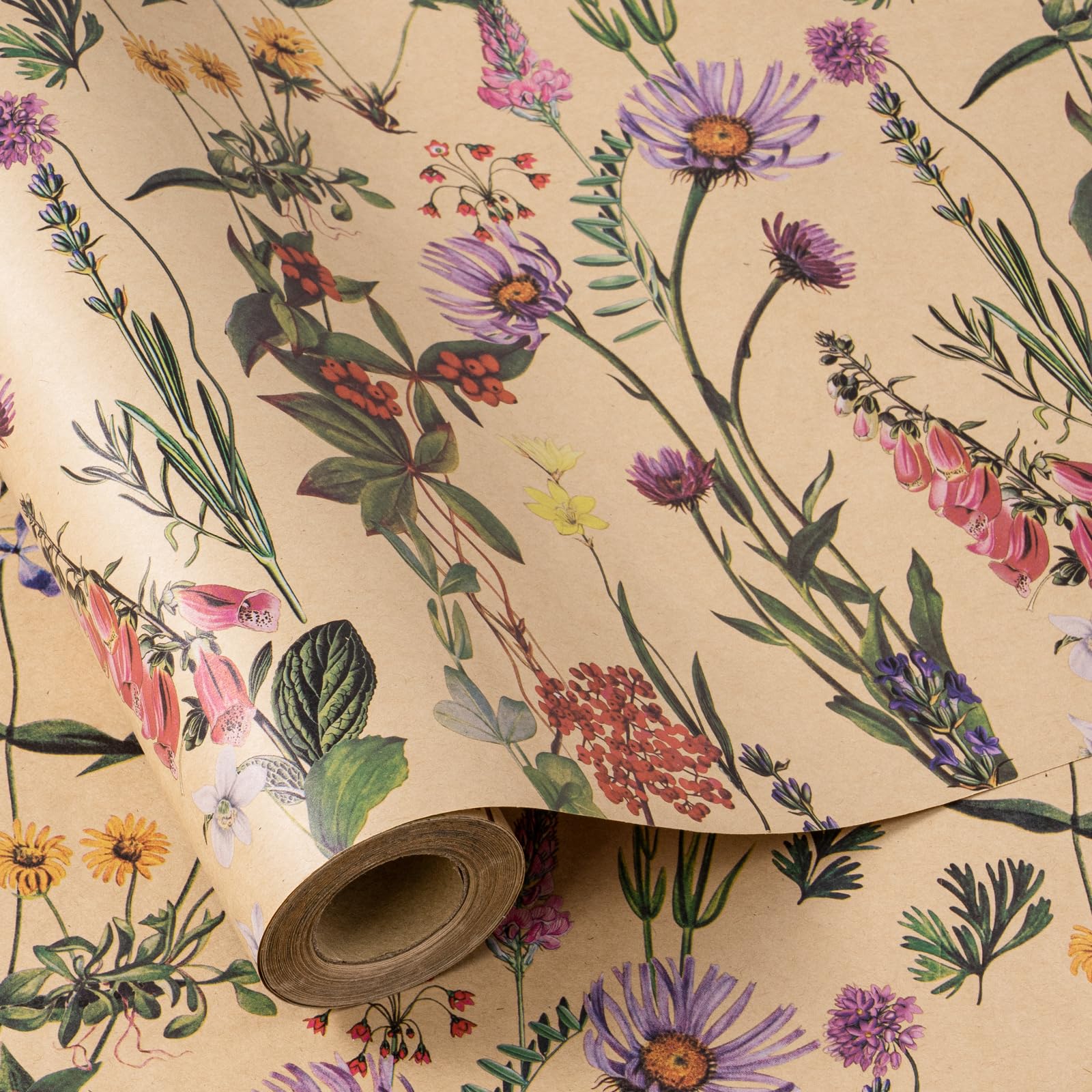 RUSPEPA Wildflower Floral Wrapping Paper Roll for Women, 17 Inches x 16. 4 Feet, Mini Roll, Herbal Kraft Wrapping Paper for Christian Gifts, Birthdays, Weddings, Bridal Shower and EngagementClimatePartner certified
