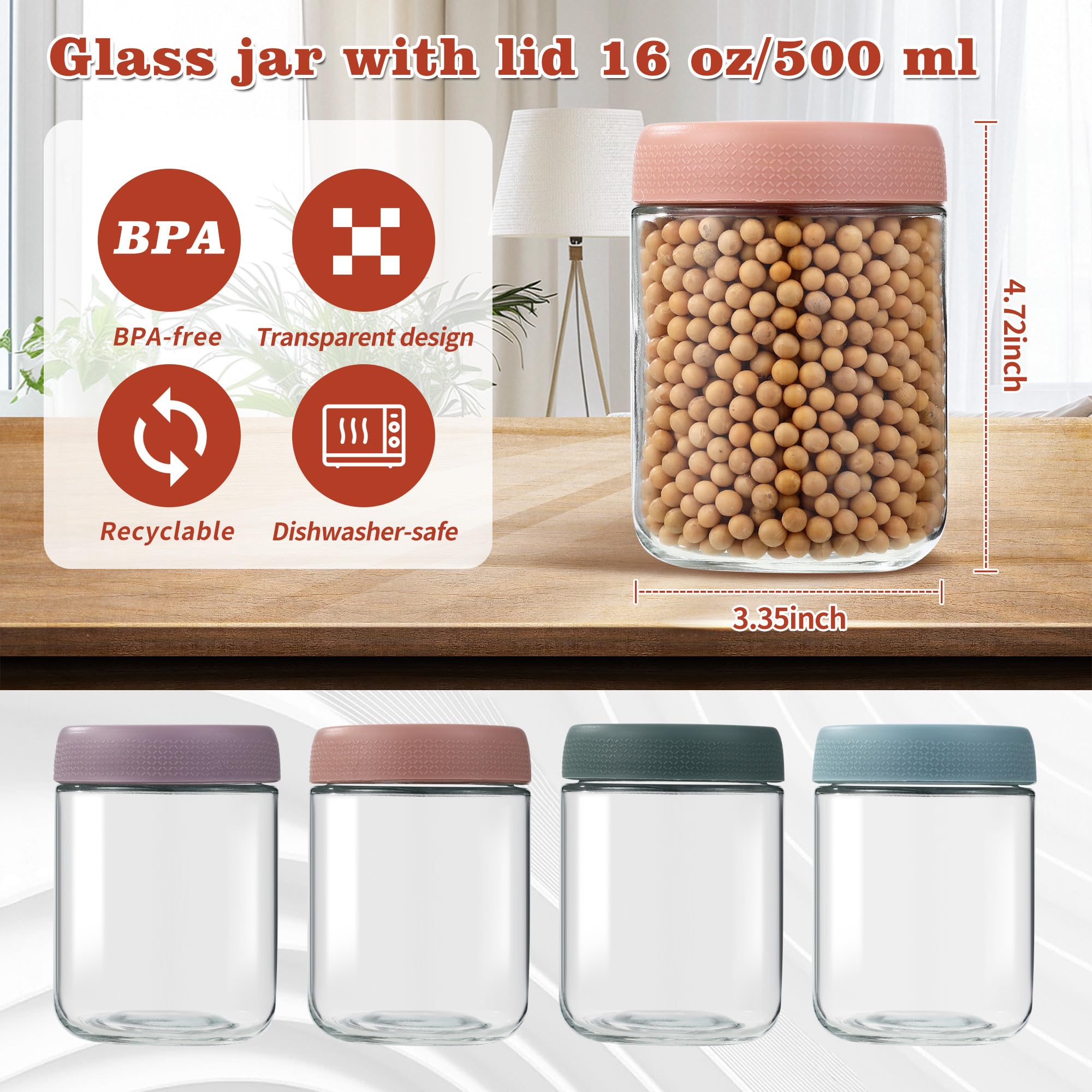 DUBUOZA Barattoli Vetro con Coperchio 4 Pezzi 500ml Overnight Oats Contenitore Overnight Oats Jar Vasetti Vetro per Overnight Oats,Marmellate,Yogurt,Miele,Spezie,Fagioli