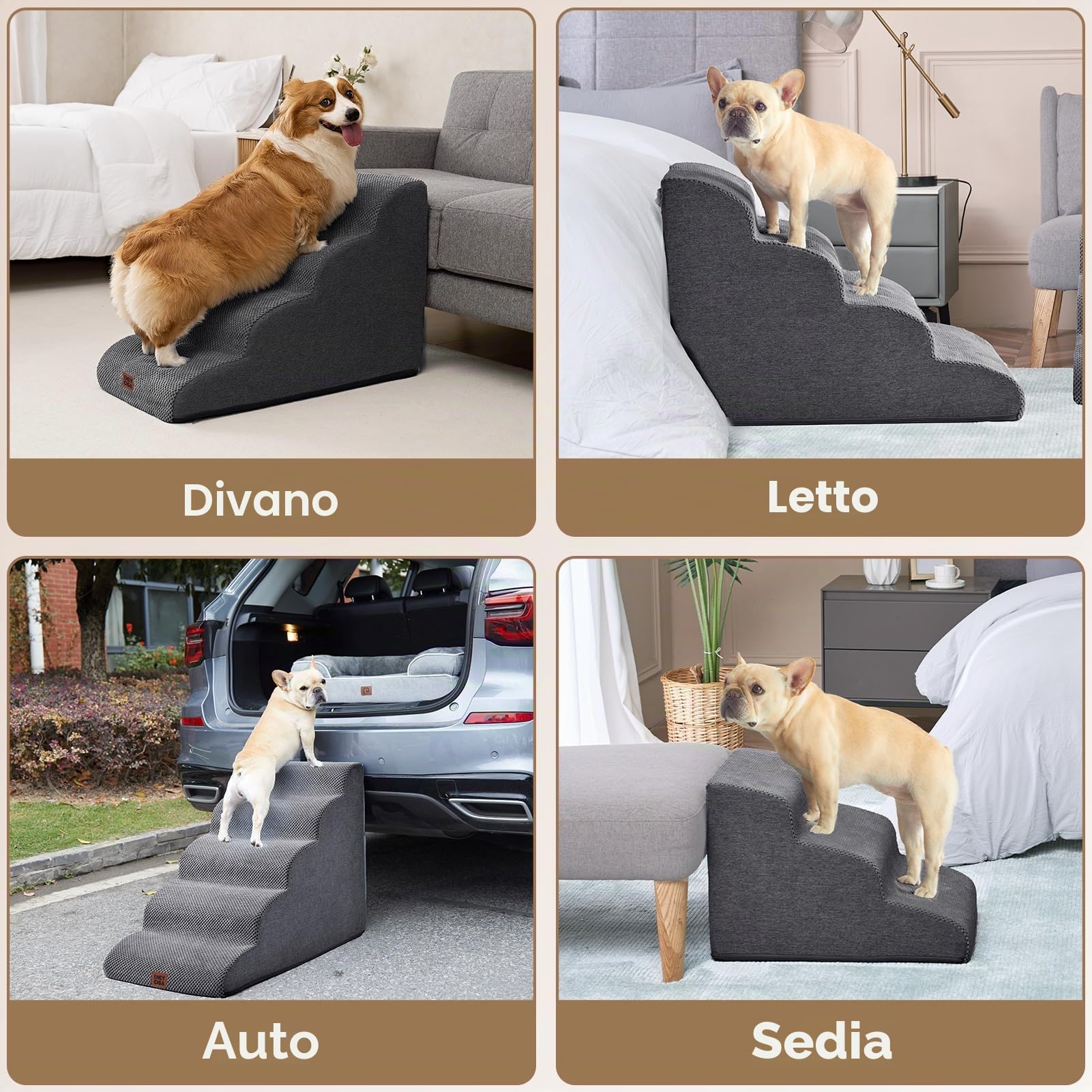EHEYCIGA Scaletta per Cani 3 Gradini Altezza 40 cm, Scala Cane Piccoli e Gatti in Spugna per Salire su Letto e Divano, Antiscivolo Rampa per Cani con Rivestimento Rimovibile e Lavabile, Grigio