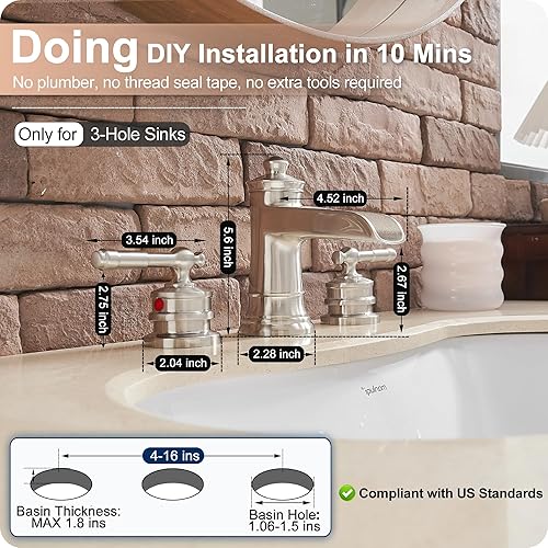 Miniatura 6 de Grifo de baño de 8 pulgadas de níquel cepillado, grifo de cascada de latón para lavabo de baño, 2 asas, grifo de baño con manguera de agua y drenaje