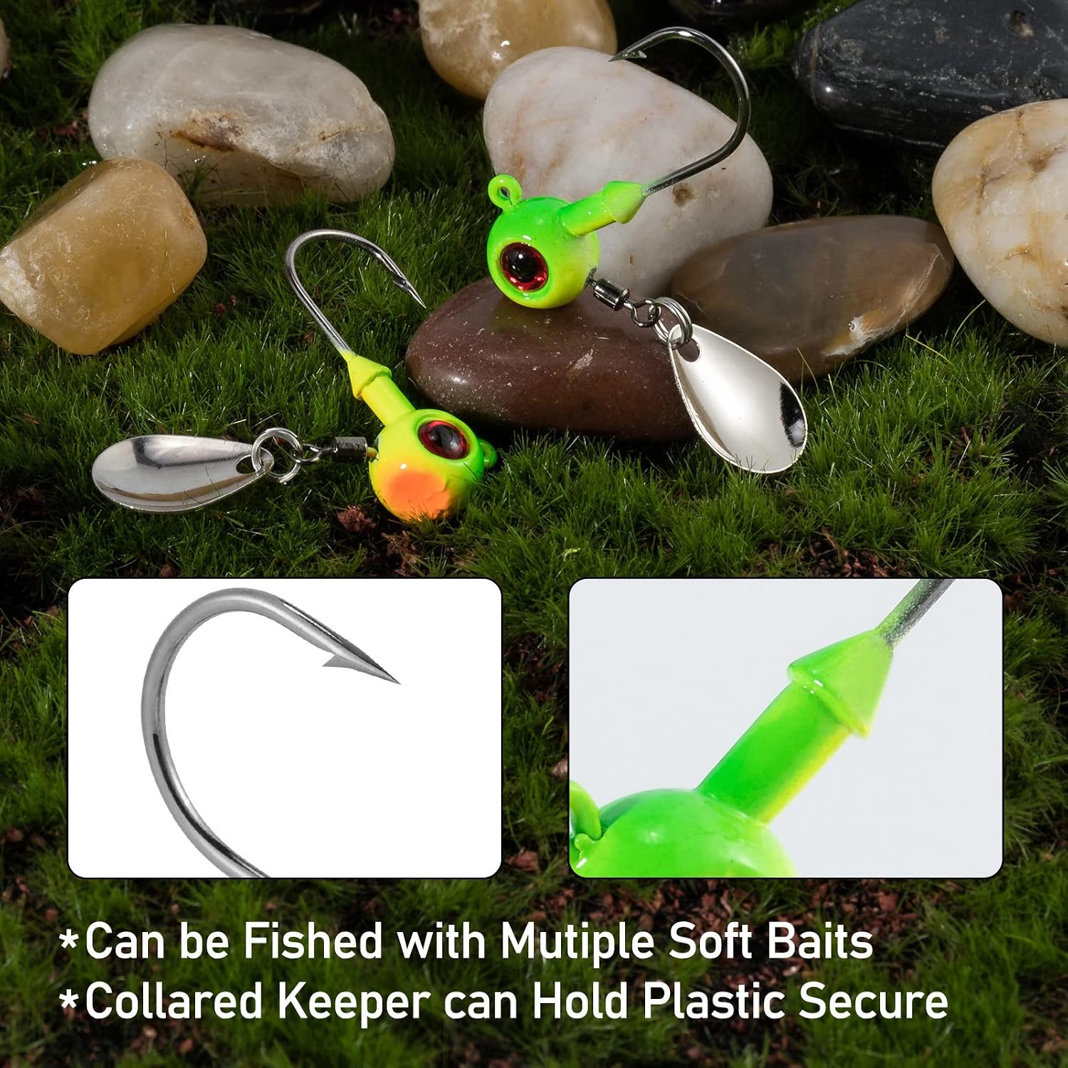 Dr.Fish 10 Pack Underspin Jigs Heads Freshwater Swimbait Ball Jig Bass Walleye Fishing Hooks Colorado Spinner Blade Flat Bottom Stand up