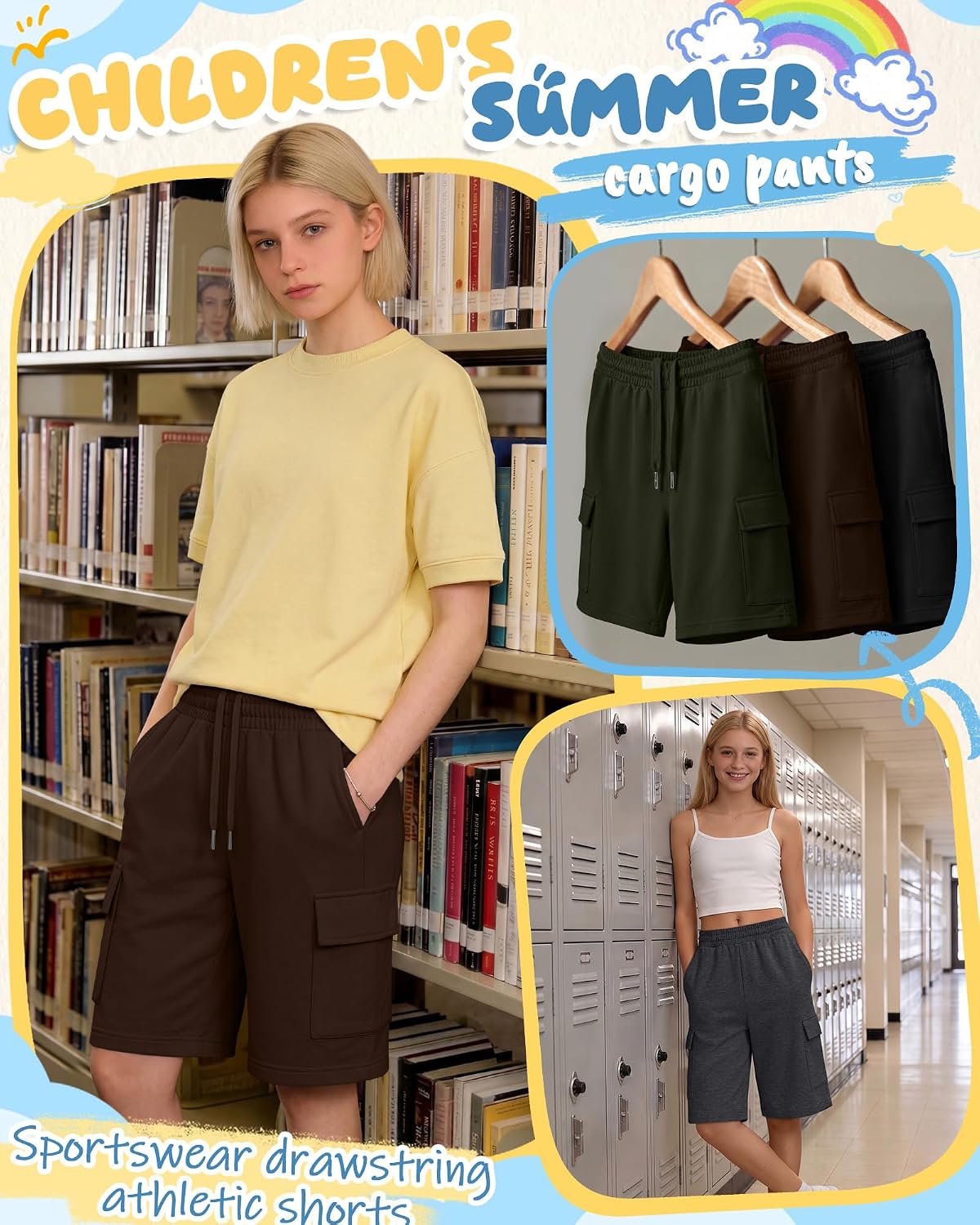 4 Pack Girls Cargo Shorts Teen Bermuda Knee Length Long Shorts Kids Elastic Athletic Shorts with 4 Pockets 5-14Y