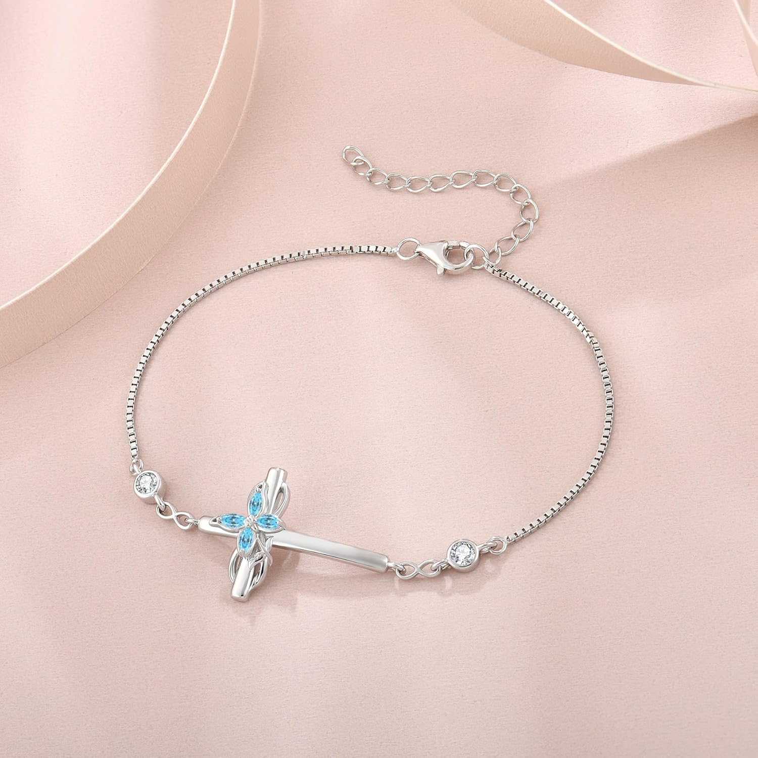 Cross Bracelet for Women 925 Sterling Silver Infinity Butterfly Birthstone Link Bracelet Crucifix Religious Jewelry for Her - Image 4
