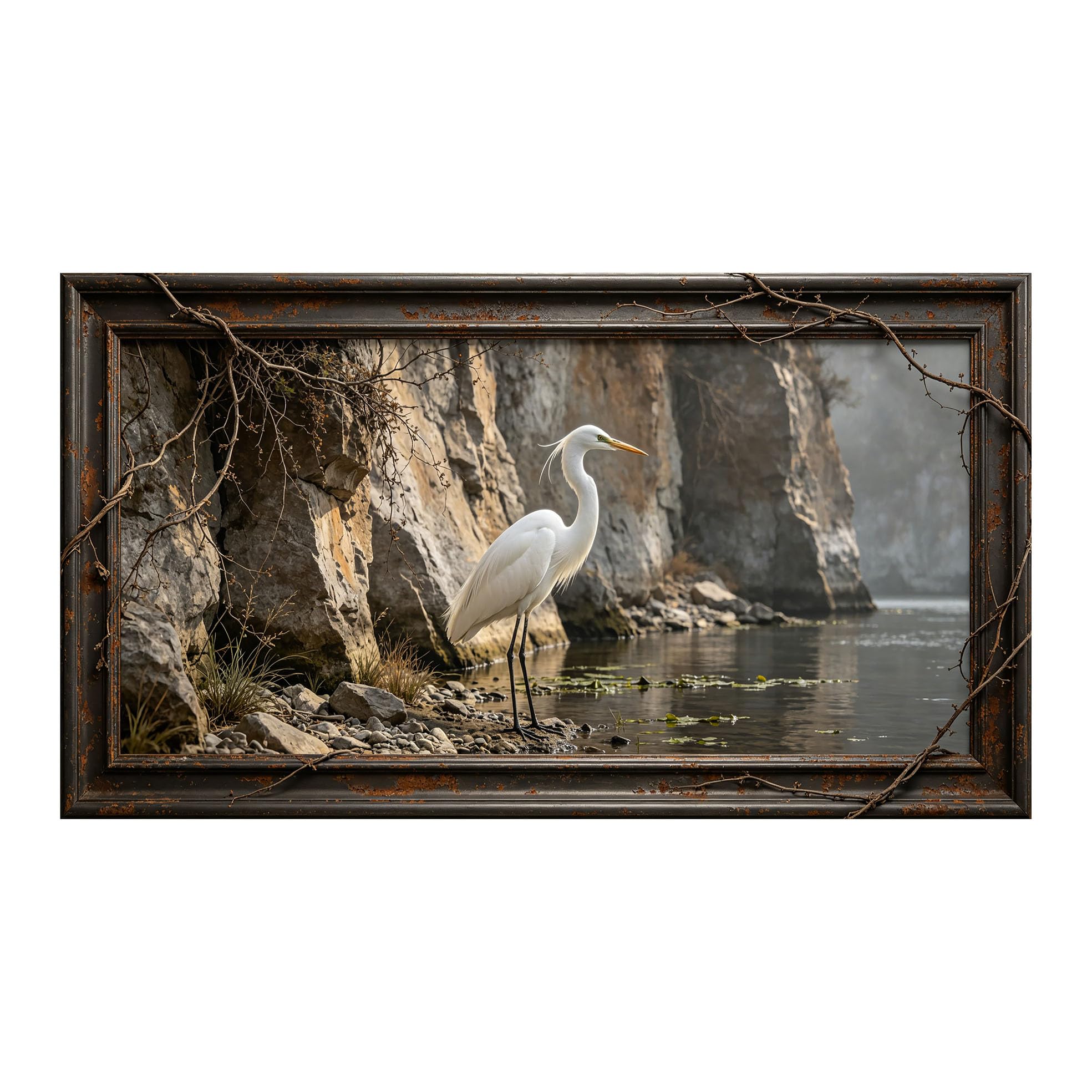 Murasolite 3D 3D Framed Wall Art 50cm×90cm White Heron River Cliff Landscape Oil Painting SelfAdhesive Fabric Mural Wall Decor, Peel and Stick No Damage to Wall for Bedroom Living Room