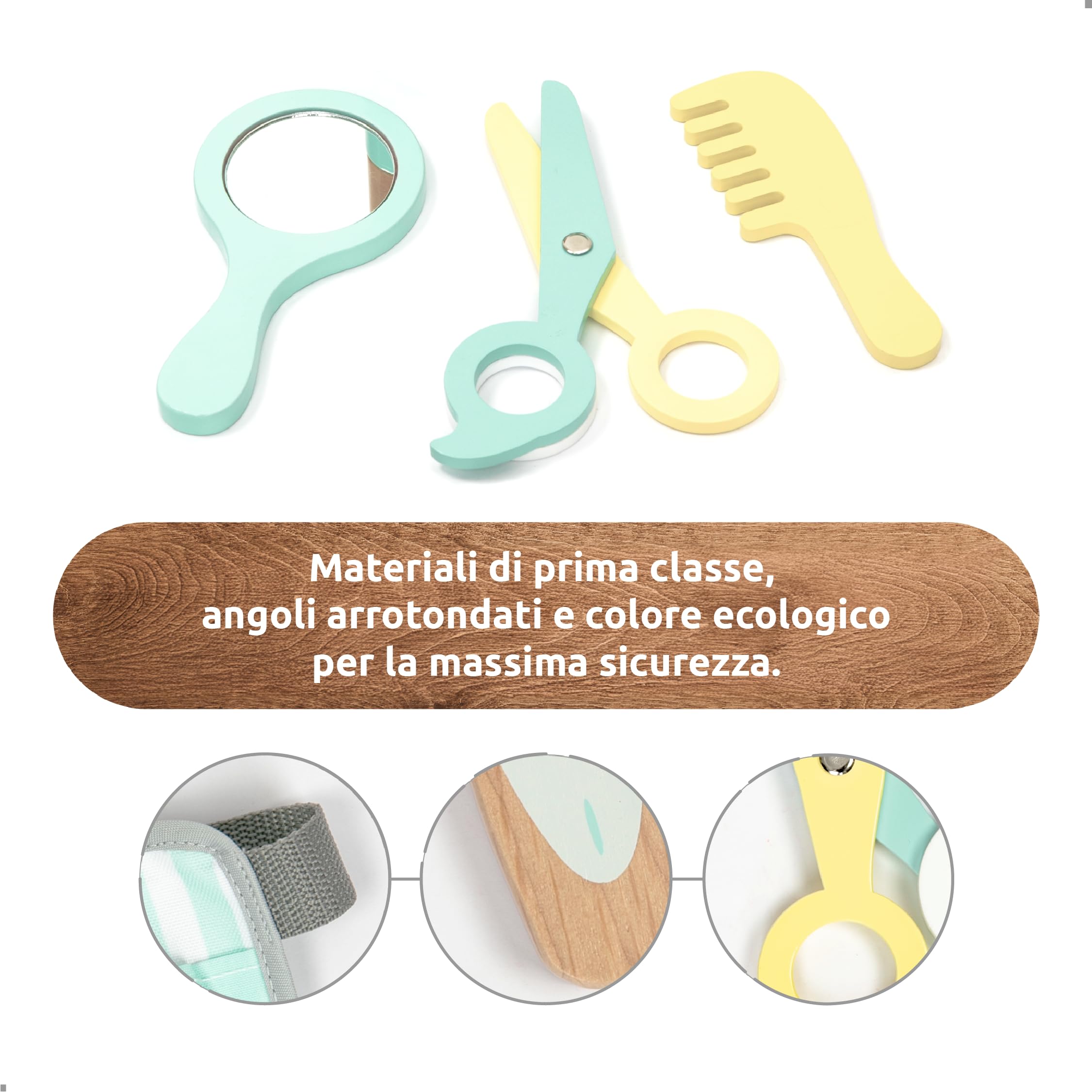 UMU® Set Parrucchiere Bambini in Legno con Borsa Strumenti: Mantello, Forbici, Piastra, Specchio e Altro, Gioco d'Imitazione, 18 Pezzi Kit Capelli per Bambino e Bambina da 3, 4, 5 Anni