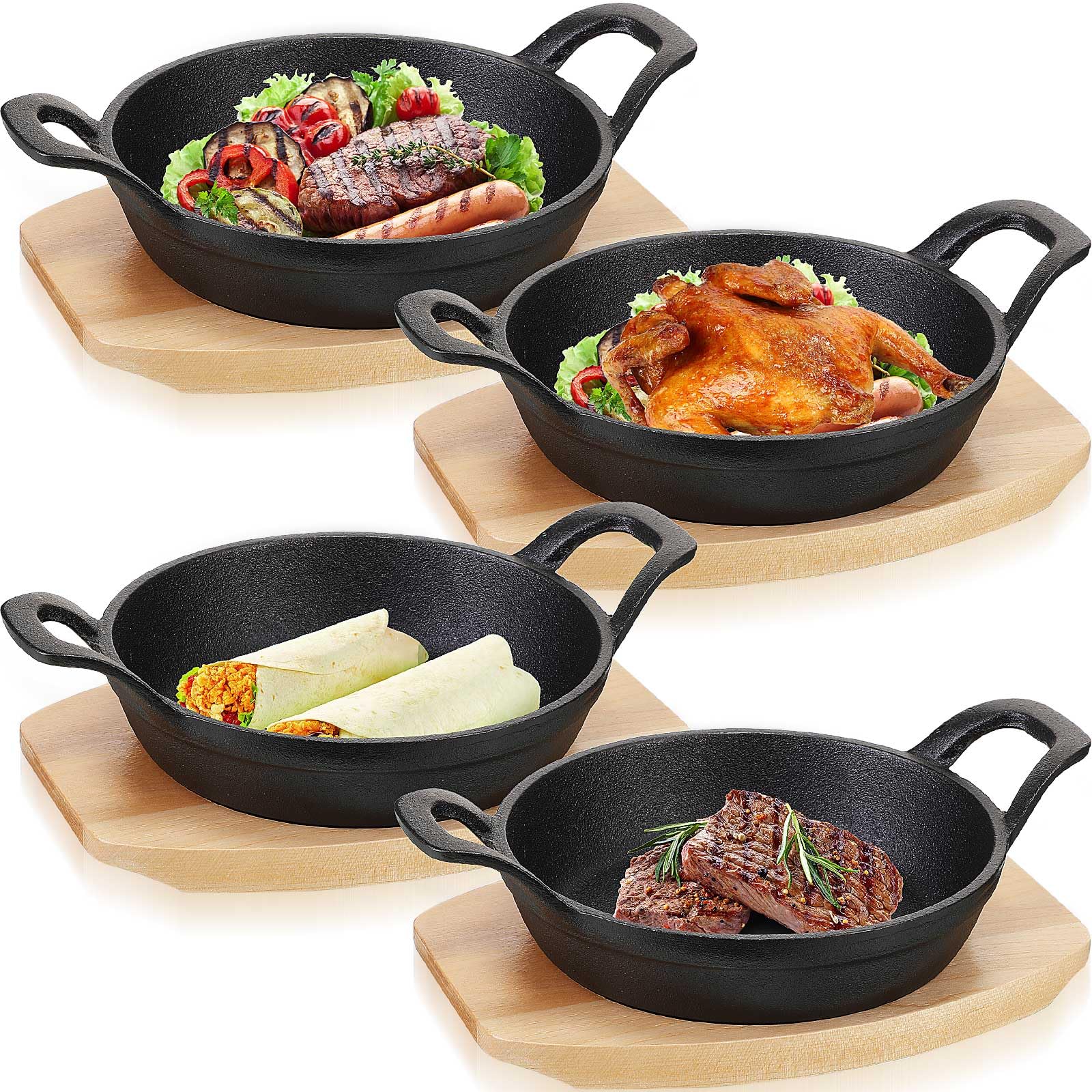 Photo 1 of Sliner 4 Sets Mini Cast Iron Skillet Small Cast Iron Plates Skillet with Wooden Base Small Round Pan Fajita Plate Pot for Baking Cooking(7.9 Inches)