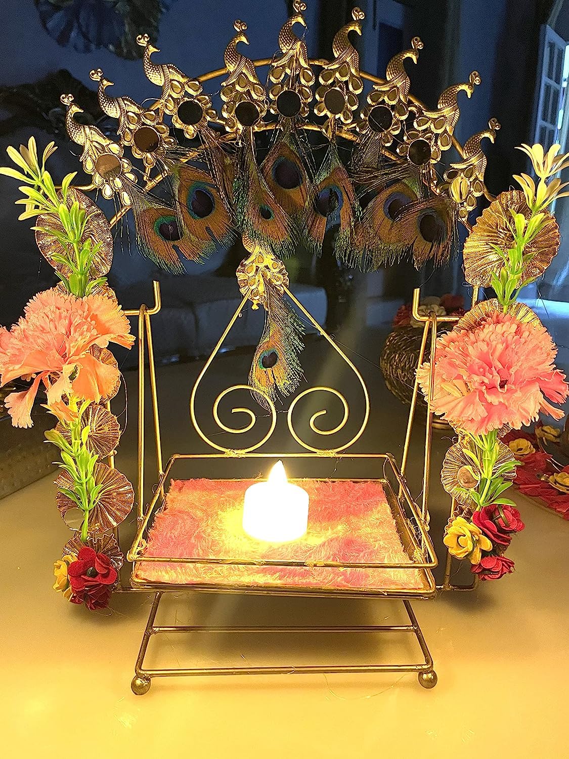 Balançoire fleur de paon dorée grand Jhula métal Laddu Gopal
