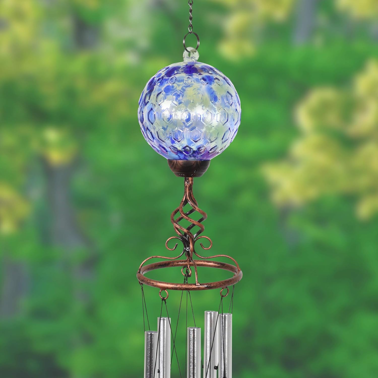 Exhart Wind Chimes, Solar LED Outdoor Garden Lighting, Blue Glass and Metal Wind Chime Lawn and Yard Decoration with Bronze Metal Finial, 5 x 46.5 Inch