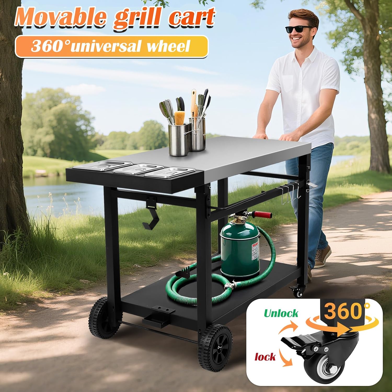 Stainless Steel 2-Shelf Outdoor Grill Cart with Wheels,Pizza Oven Table for Blackstone Ninja Movable Cooking Station for Indoor & Outdoor Use