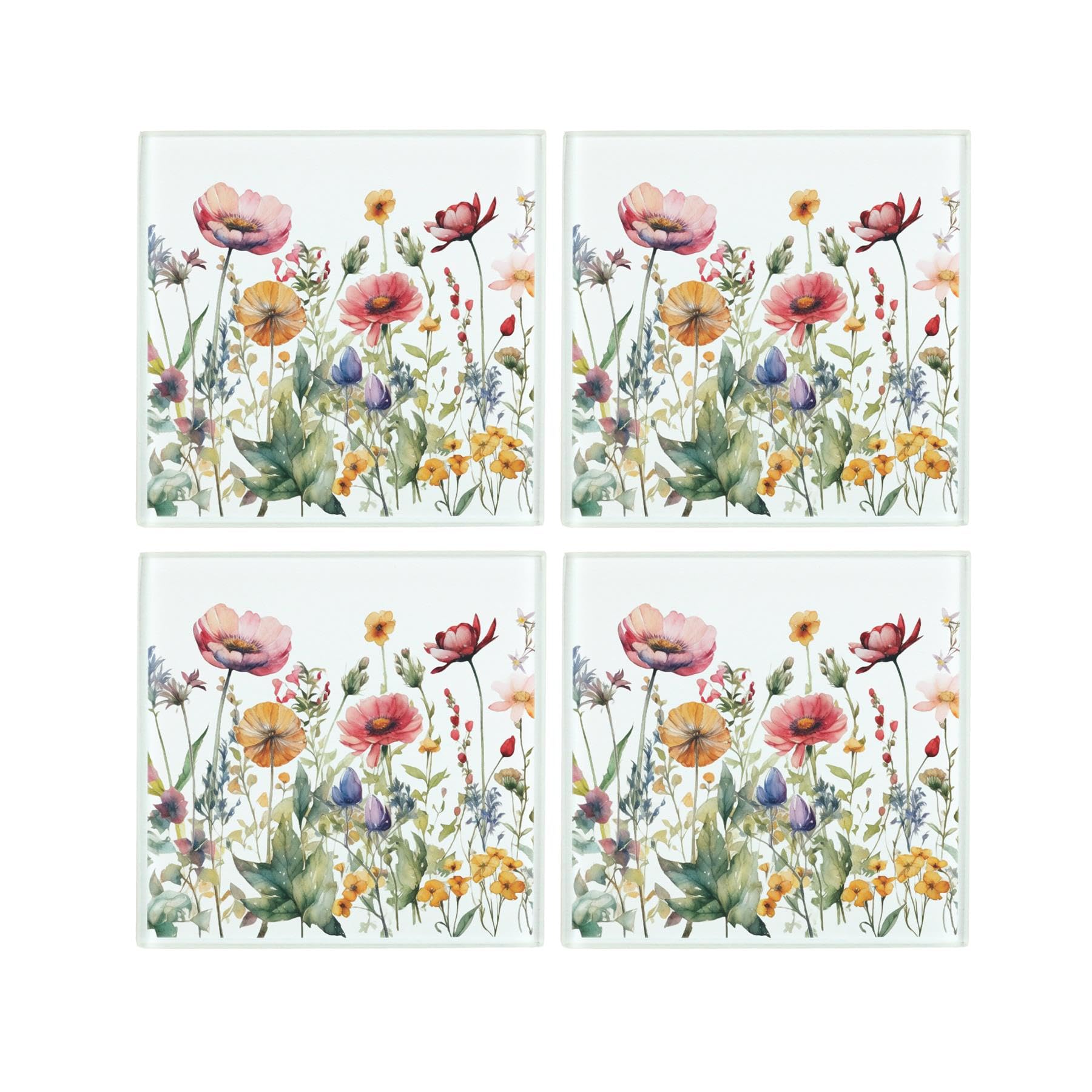 Wildflowers Glass Coaster Set - Floral Meadow Home Decor Gifts - Set of Four (4) Square Drinks Coasters