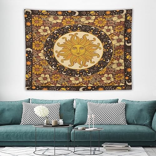 Miniatura 2 de Tapiz vintage con diseño de sol y luna, bohemio, para colgar en la pared con girasoles, mariposa, polilla, constelación, estético, tapices para