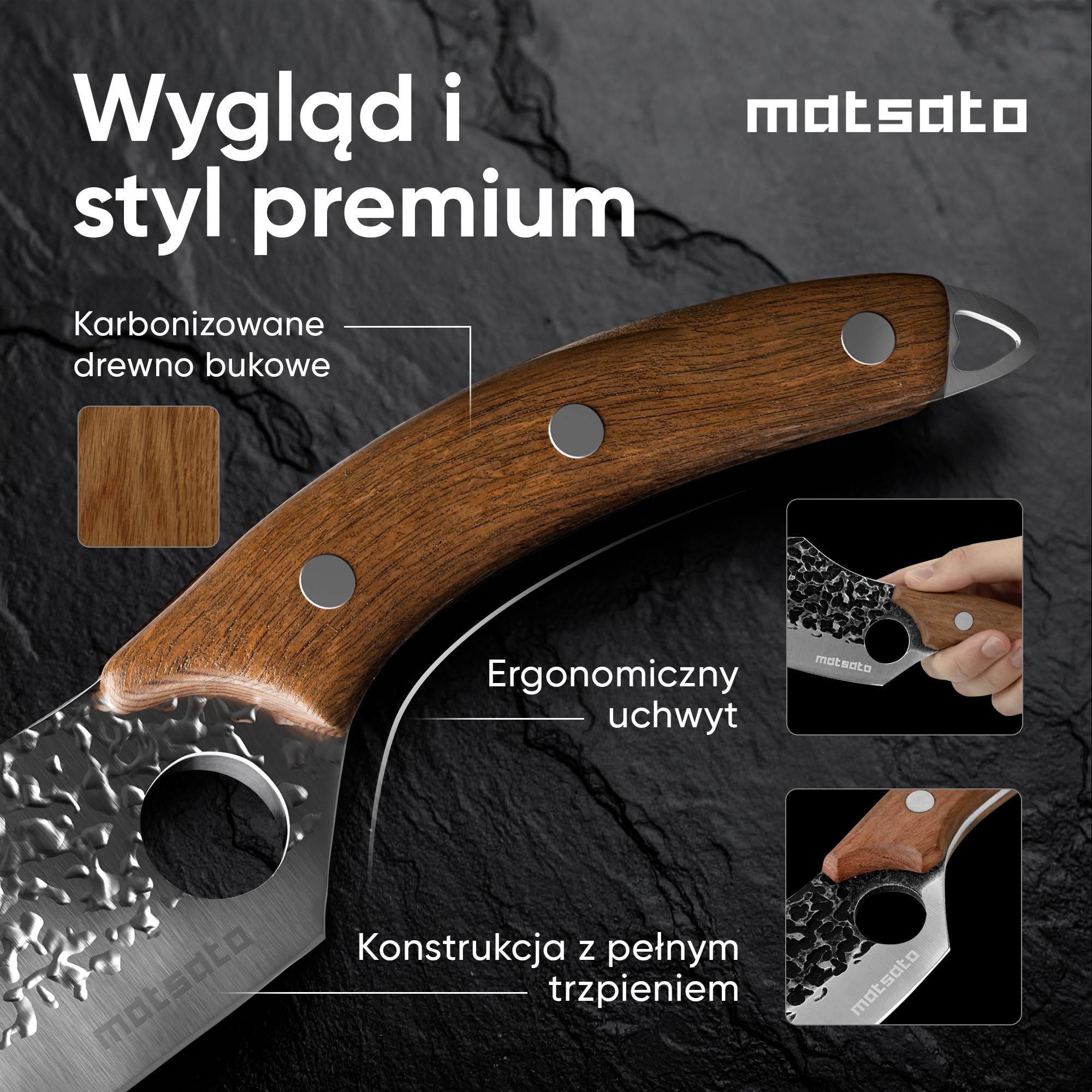 Matsato Zestaw 3 Noży Kuchennych Stal Nierdzewna Bukowy Uchwyt | Nóż szefa kuchni, nóż do mięsa, nóż uniwersalny. Rączka z drewna bukowego.