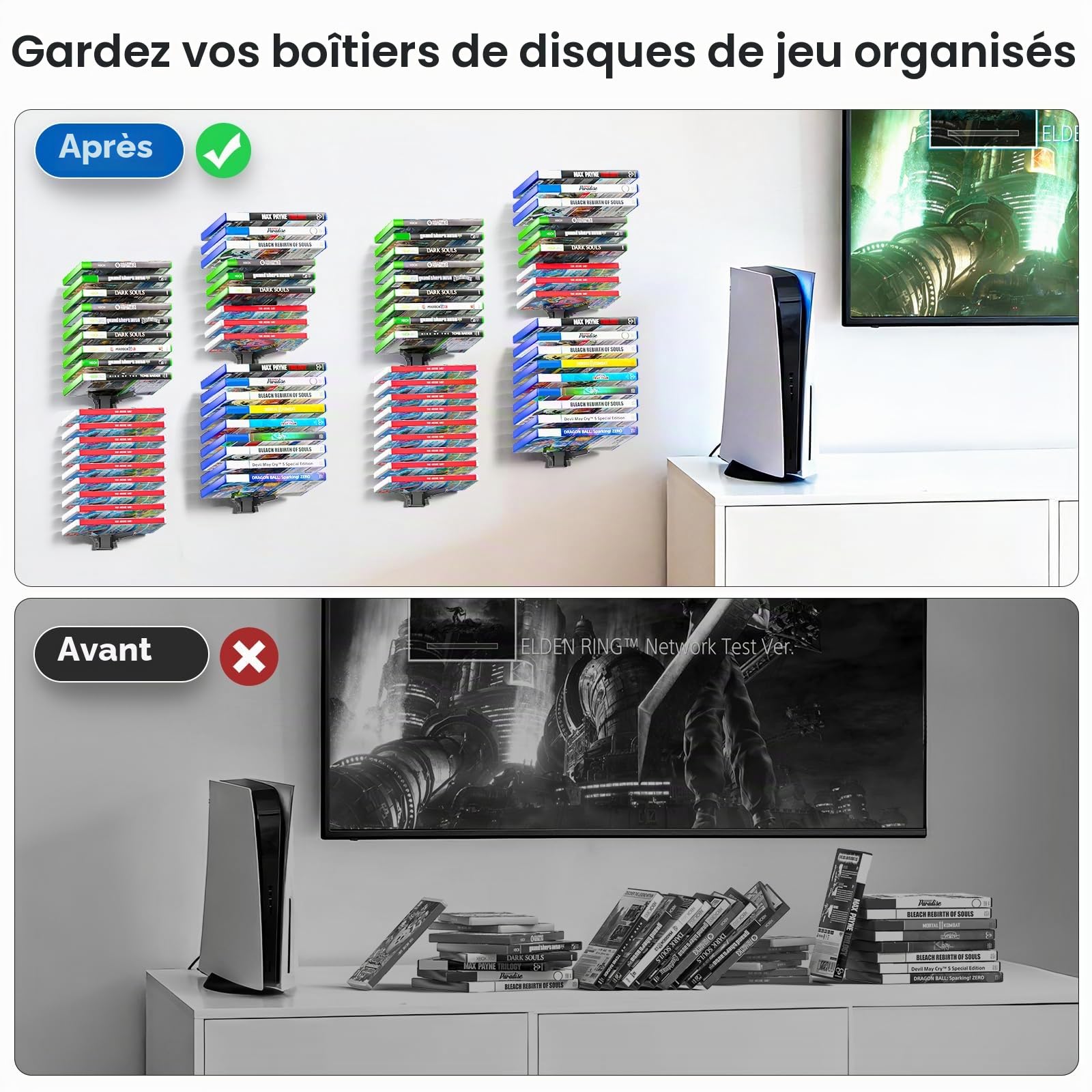 Support Mural de Rangement pour Boîtes de Jeux Vidéo, Rack à Jeux Universel pour Switch, Xbox 360/ Series X, Playstation 2/ 3/ 4/ 5, 3 Fentes Différentes pour Rangement Organisé et Stabilité Maximale