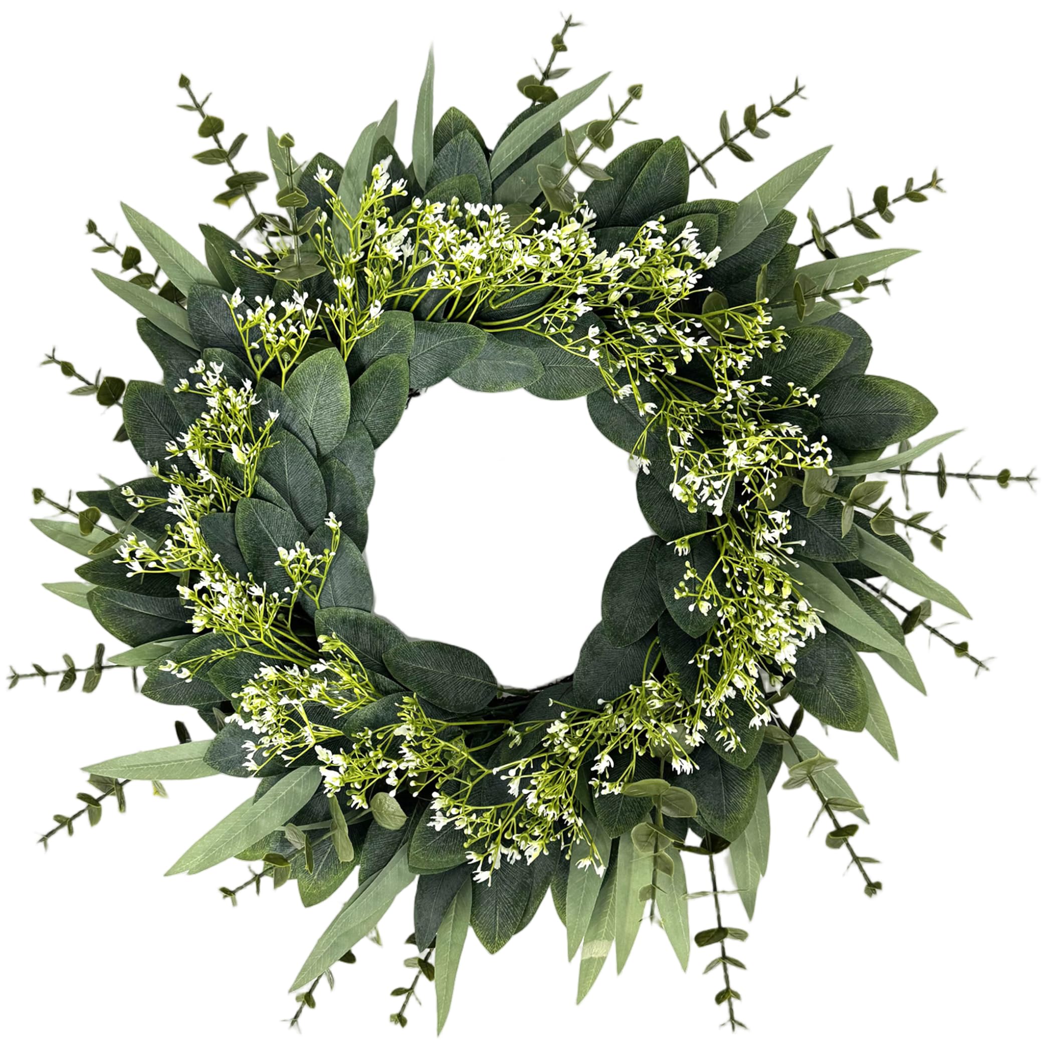 Neptuiby Spring Wreath for Front Door, Spring Wreath 19.69inch Eucalyptus with White Flowers, Green & White Silk & Plastic Indoor Outdoor Decor.