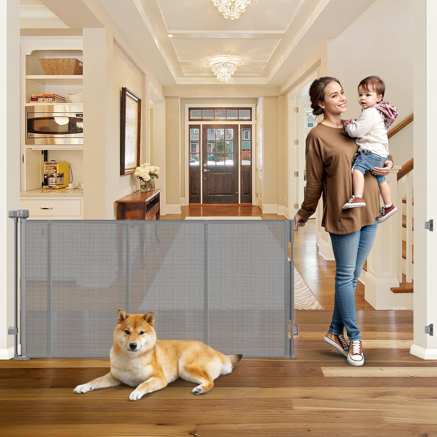 Reinforced 100 Inch Extra Long Baby Gates for Large Openings Retractable Baby Gate Retractable Dog Gate for Doorways Extra Wide Mesh Baby Gate Retractable Child Gates for Wide Openings Large Baby Gate Gray Reinforced 100" Wide
