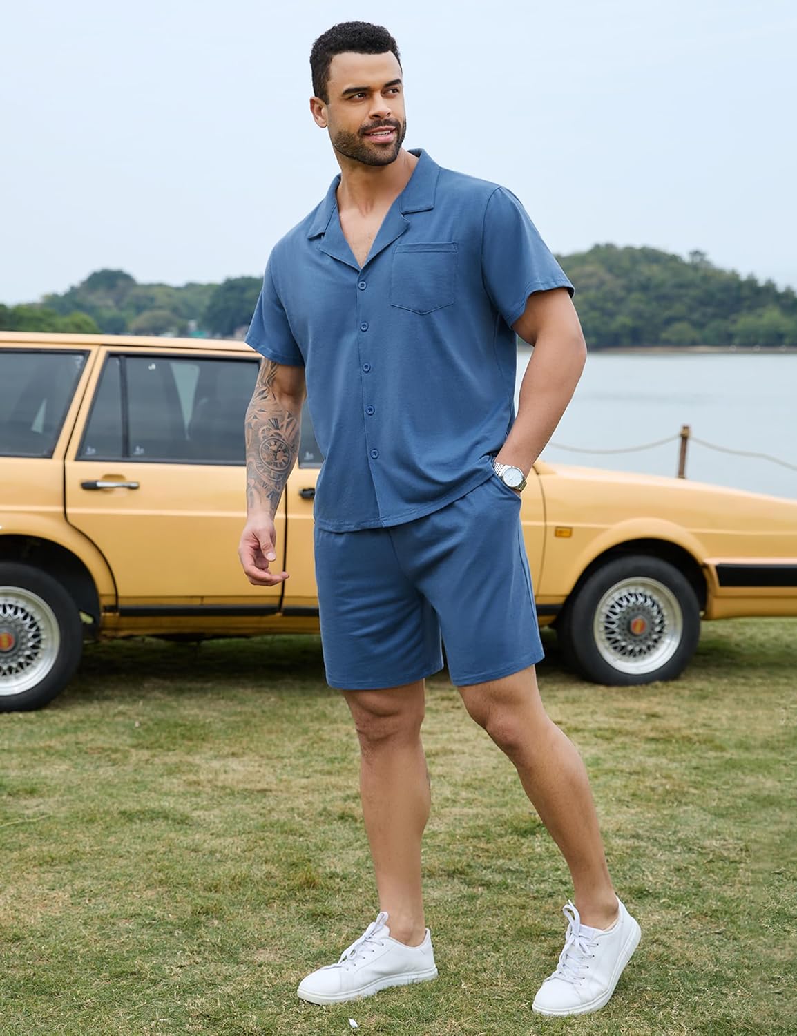 Marvmys Men Pajama Set Cotton Sleepwear Short Sleeve Button Down Pajamas Loungewear 2 Piece Pj Set with Pockets S-2XL - Image 5