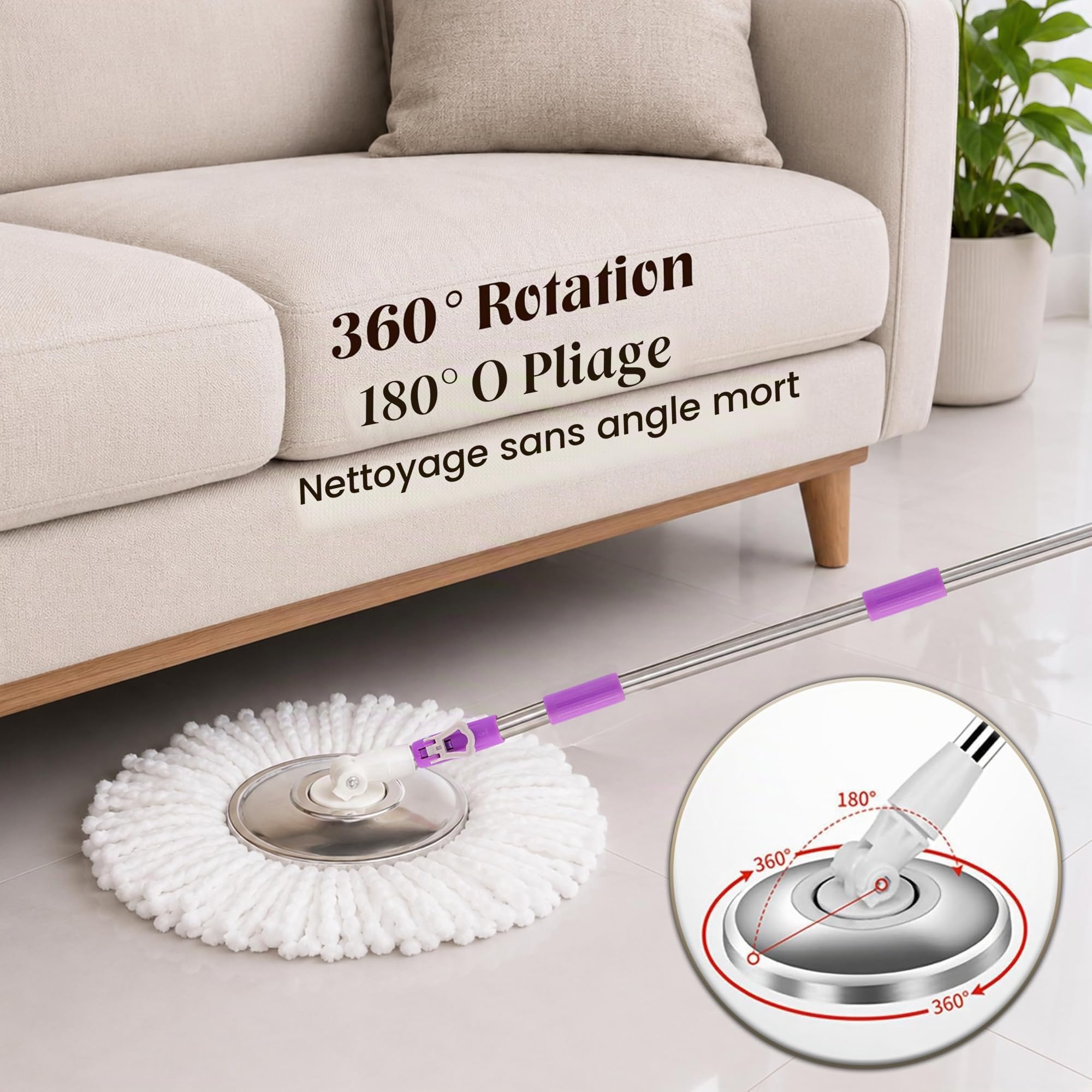 ARSUK Balai Rotatif 360° – Balai serpillère Ajustable, Manche Acier Inoxydable Extensible 127 cm – 2 Têtes Microfibre Remplaçables – Nettoyage Efficace sans Effort