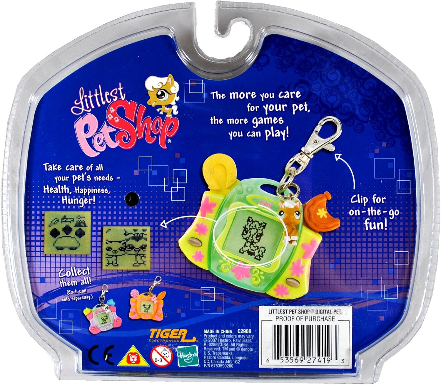 Back of Littlest Pet Shop Digital Care for Me - Horse packaging, showing features like 'Take care of all your pet's needs - Health, Happiness, Hunger!', 'Clip for on-the-go fun!', and 'LITTLEST PET SHOP DIGITAL PET PROOF OF PURCHASE' with a barcode.