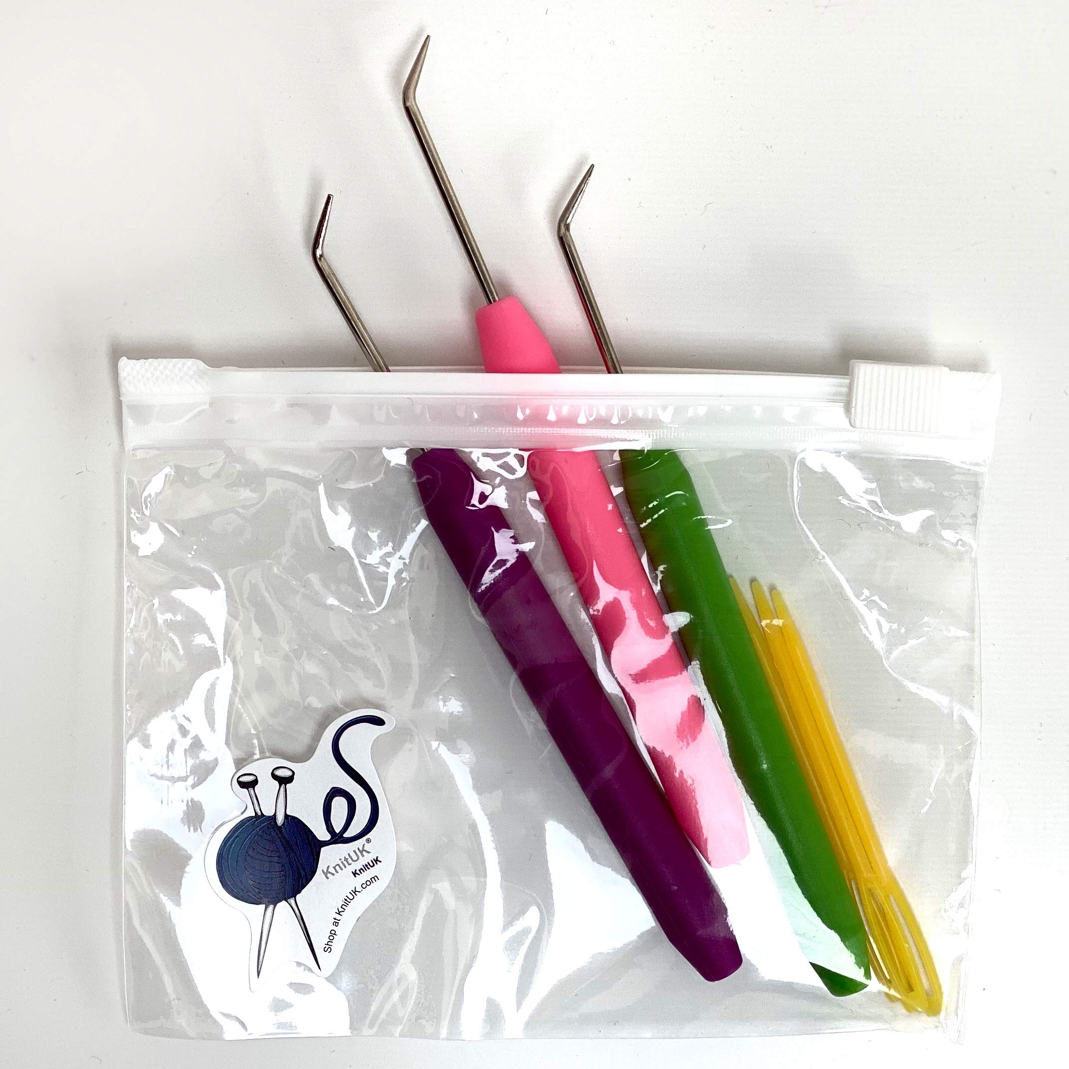 Knituk Purple, Pink, Green Knitting Loom Hook Set Of 3. Purple, Pink And Green Picks + Wool Needles.