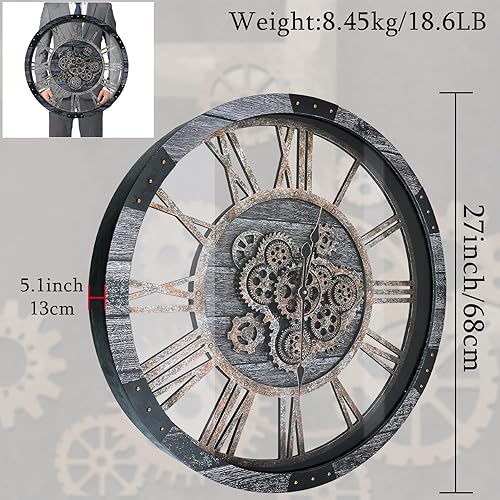 Miniatura 2 de Reloj de pared con engranaje móvil de 27 pulgadas, relojes de pared de gran tamaño, reloj de decoración de sala de estar, marco de madera maciza,