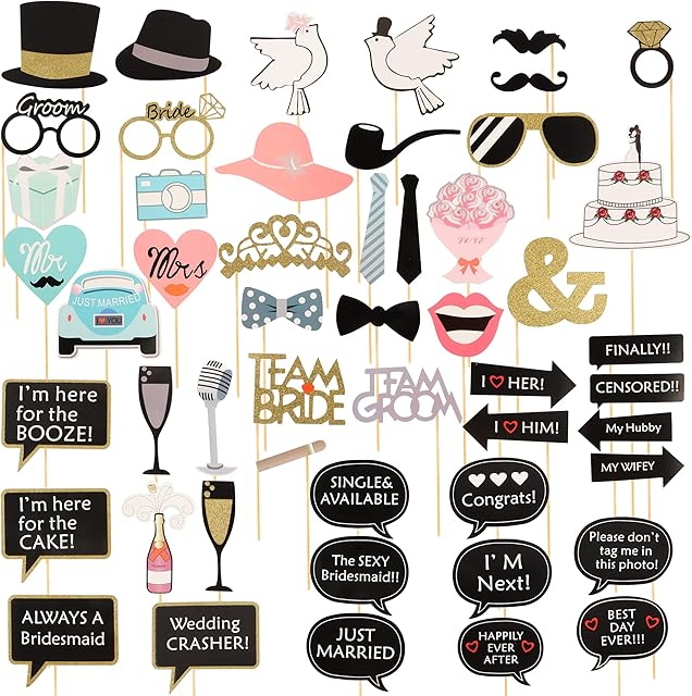 NiCoLa Wedding Photobooth Props, Engagement Photobooth Accessories with Wooden Stick for Bridal Shower Wedding Party Decorations Funny Selfie Props Kit (52 Counts) (Black)