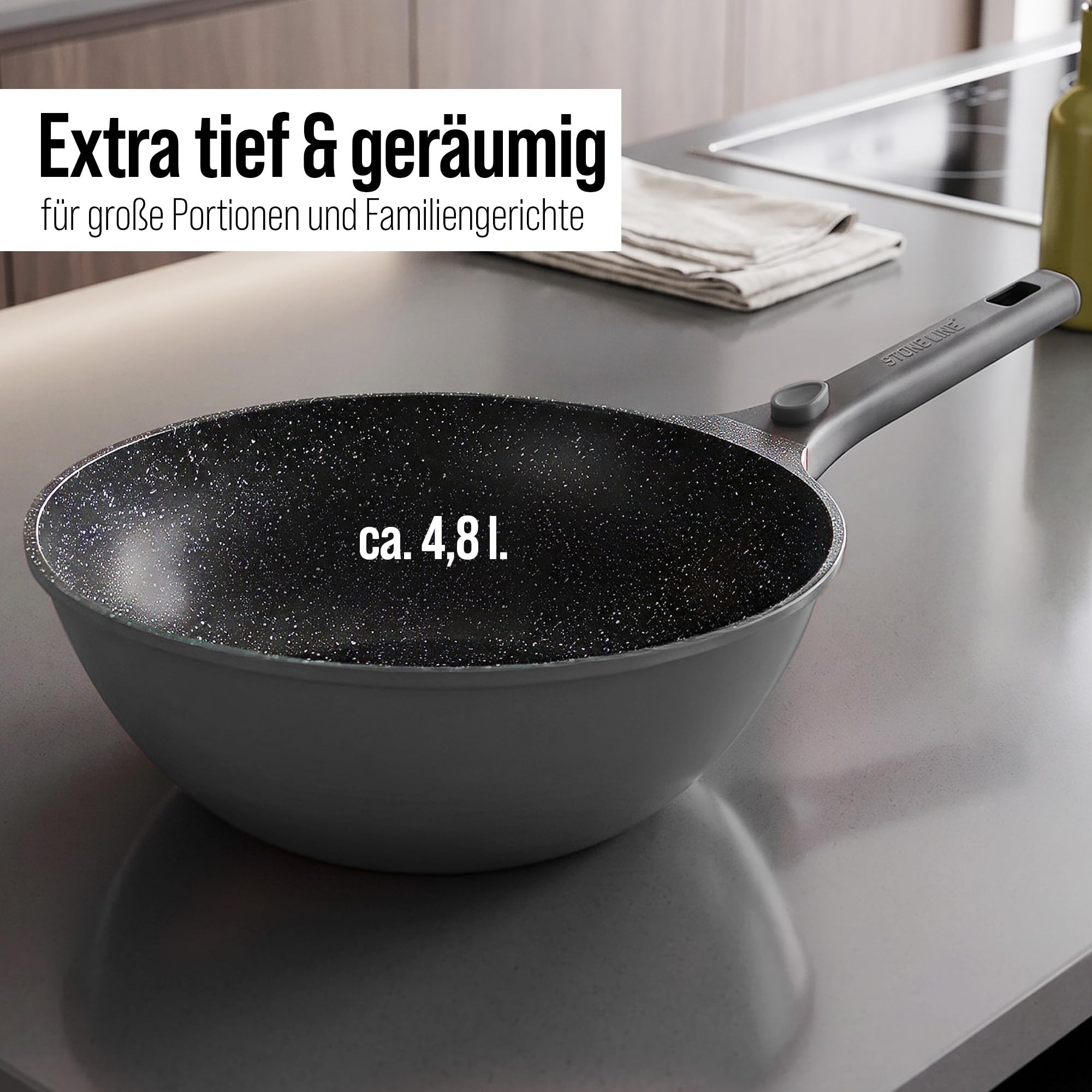 STONELINE SMART Wokpfanne 30 cm, 4,8 L ☆ REDESIGN 25/26 ☆ Große Pfanne mit Deckel, Abnehmbarem Griff, Aluguss Pfanne Induktion, Alle Herdarten, Antihaftbeschichtet mit echten Steinpartikeln, Grau