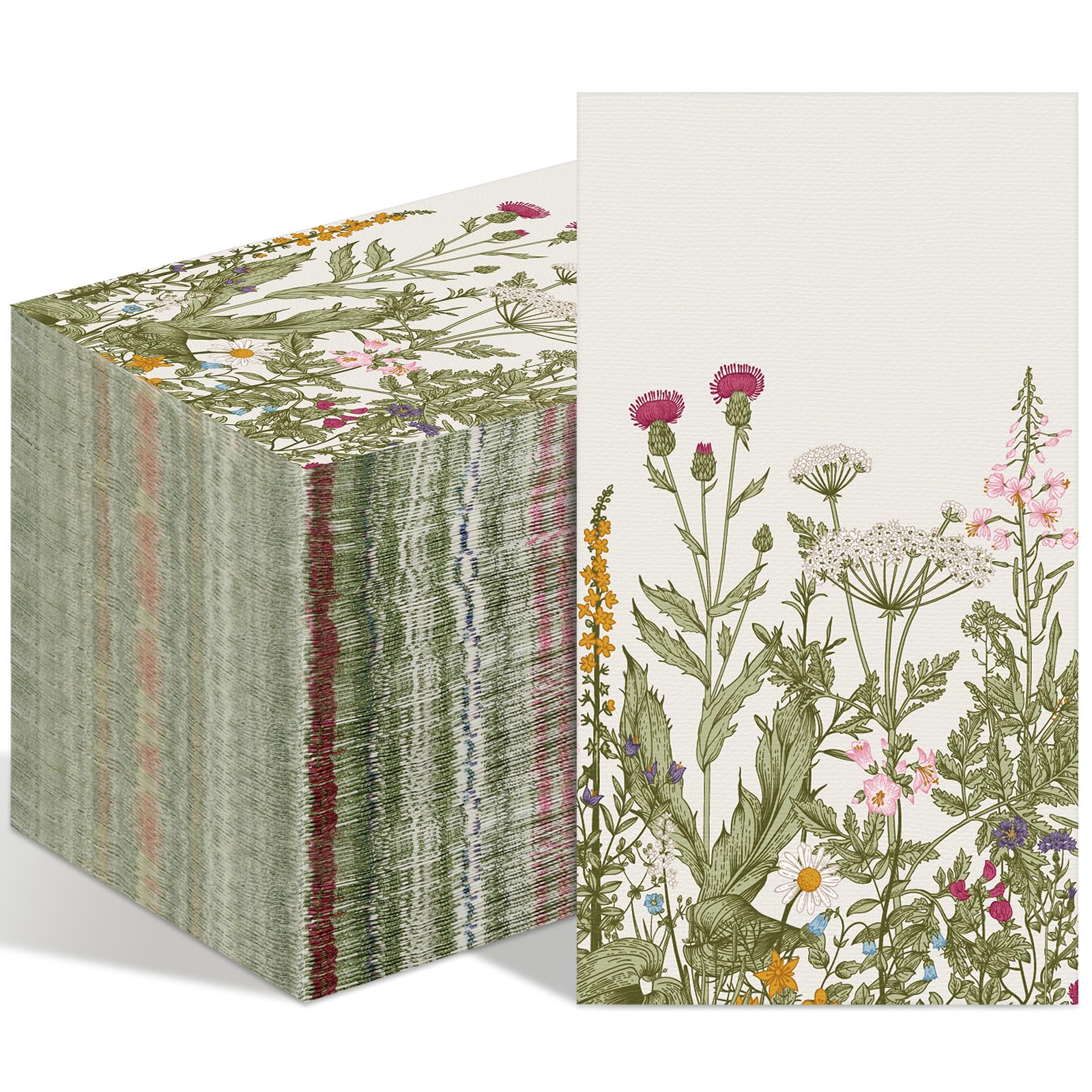 Crtiin 200 Pcs Floral Paper Napkins Disposable Spring Wildflower Napkins Vintage Decorative Wildflower Green Leaves Bathroom Hand Towels for Home