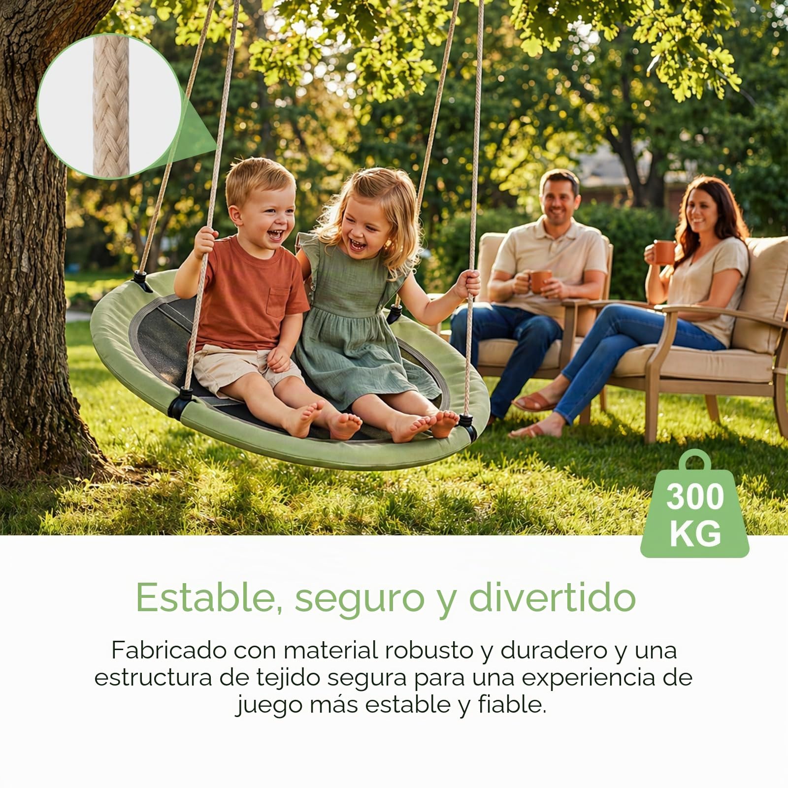 Columpio Nido 120 cm para Niños y Adultos, Columpio de Jardín Exterior e Interior con Cuerda Ajustable, Gran Resistencia hasta 300 kg, Asiento Redondo Robusto y Segurom, Verde grisáceo