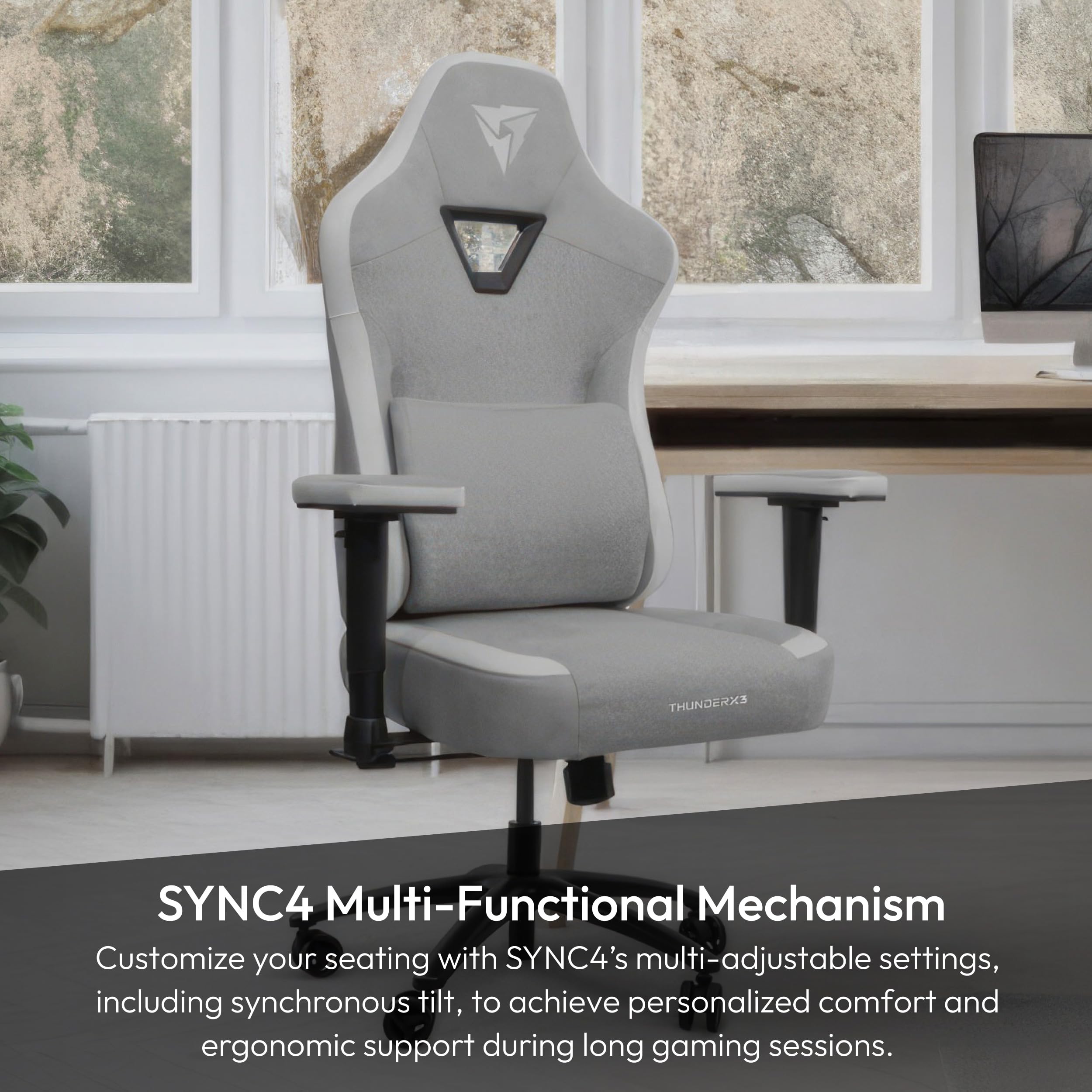 ThunderX3 EAZE Gaming Chair, for Adults Ergonomic Office Chair, High Back Desk Chair, Synchronous Tilt, Memory Foam Lumbar Support, Neck Pillow, Adjustable Soft Armrest, Fabric, Loft Light Grey