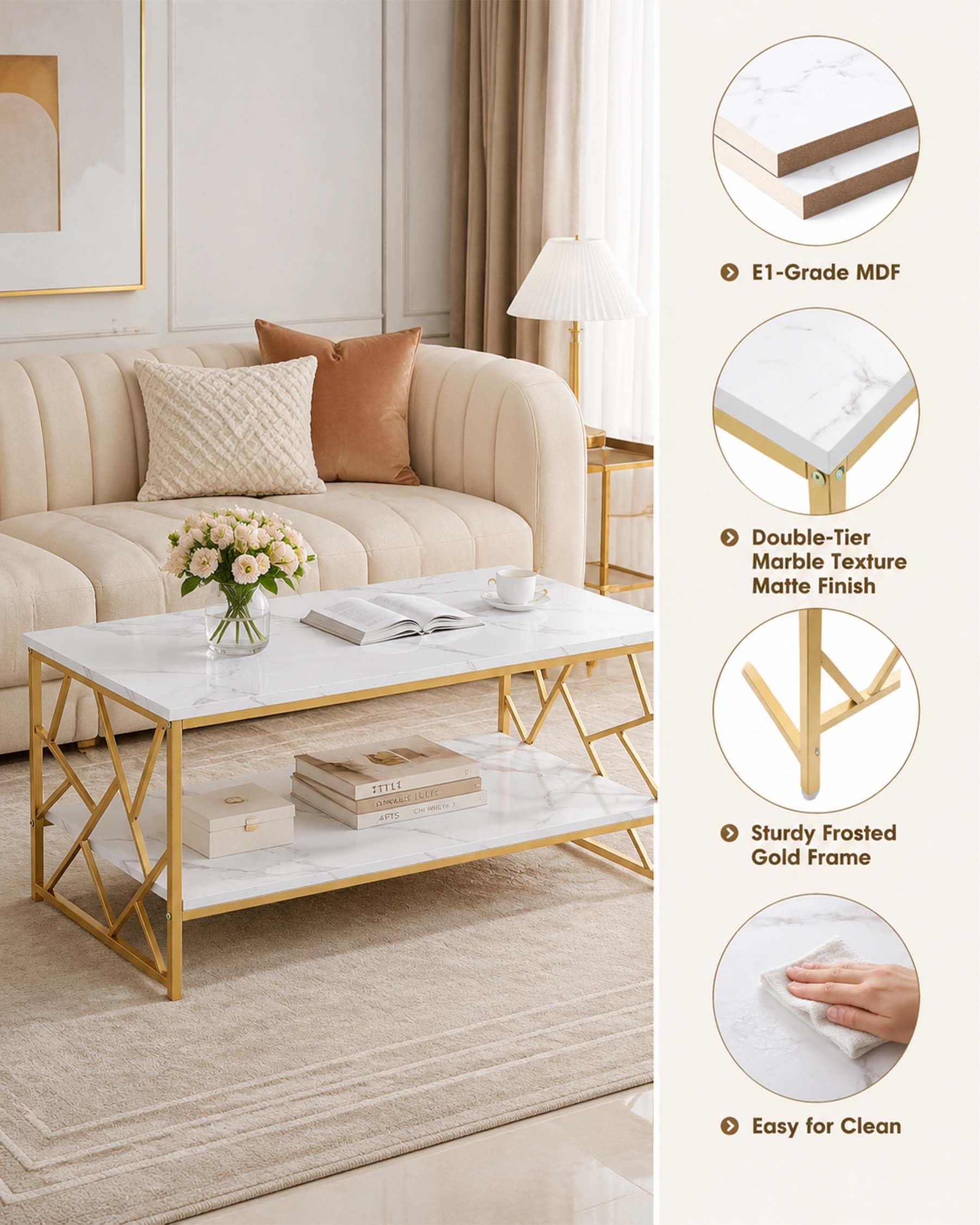 Mesa de Centro Almacenamiento Mesa Café Blanca Salón, Mesa Centro Pequeña Ahorro de Espacio, Doble Estante Auxiliar Sofá Mesa de Té Moderna, Madera Ajustable, 110x50x45cm