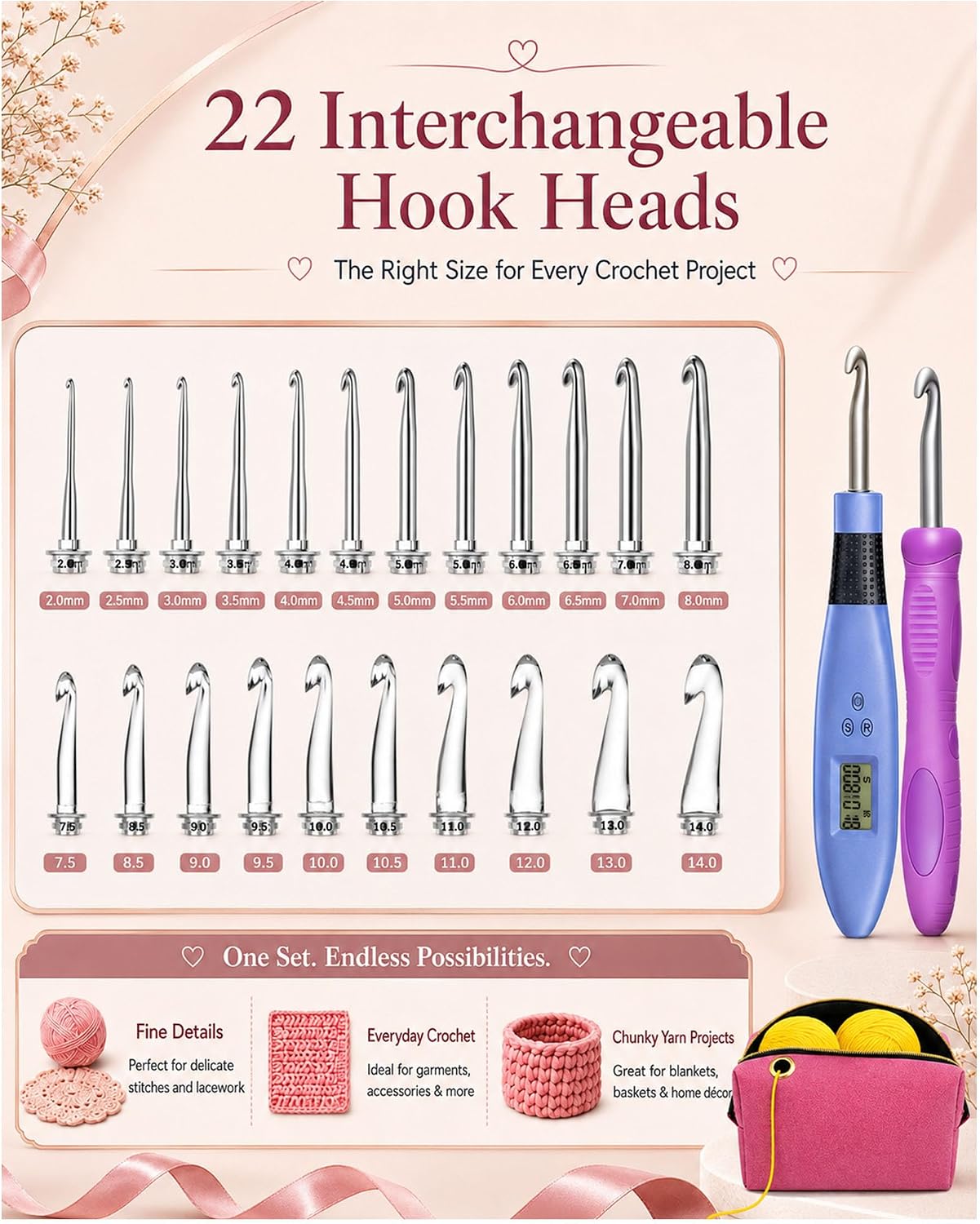 Light Up Crochet Hook Set with Digital Counter, 22 Sizes, Rechargeable
