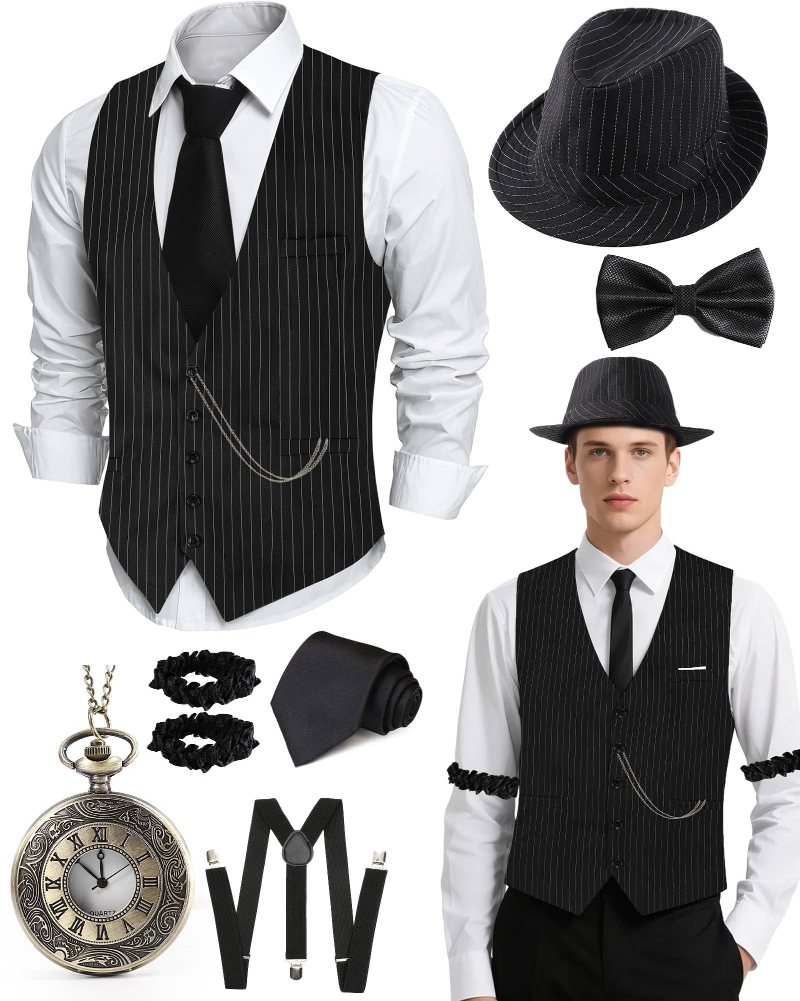 1920s Mens Costume Roaring 20s Costumes for Men Fedora Hats for Men 1920S Mens Outfit with Hat Vest