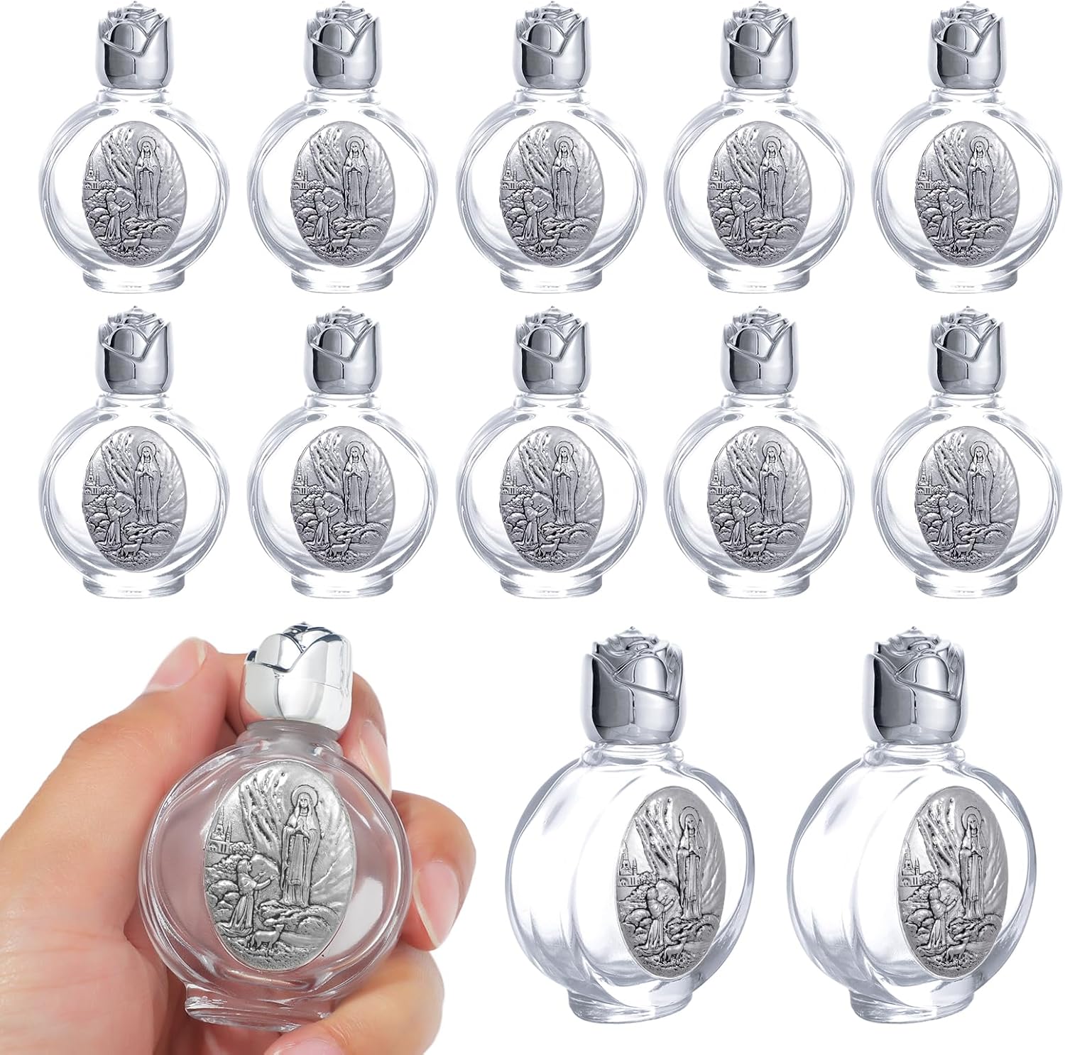KOMI 12PCS Glass Holy Water Bottle 0.5 floz Mini Holy Water Container with Embossed Our Lady of Lourdes Religious Empty Travel Bottle Church Catholic Gifts