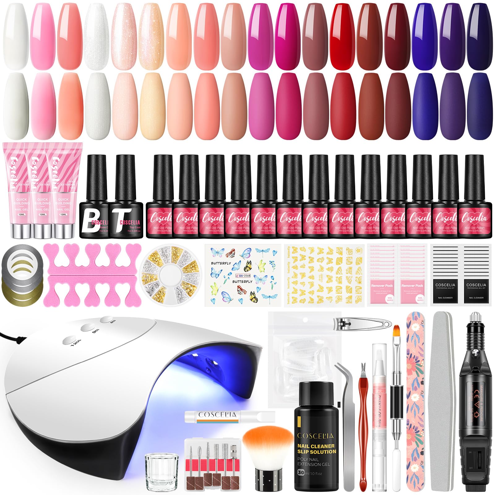 COSCELIA Zestaw lakierów do paznokci, 15 sztuk, żelowy lakier do paznokci z lampą 36 W U V/LED, 3 szt. Poly Nail Extension Gel, wiertarka do paznokci maszyna Top & Base Coat Nail Art dla