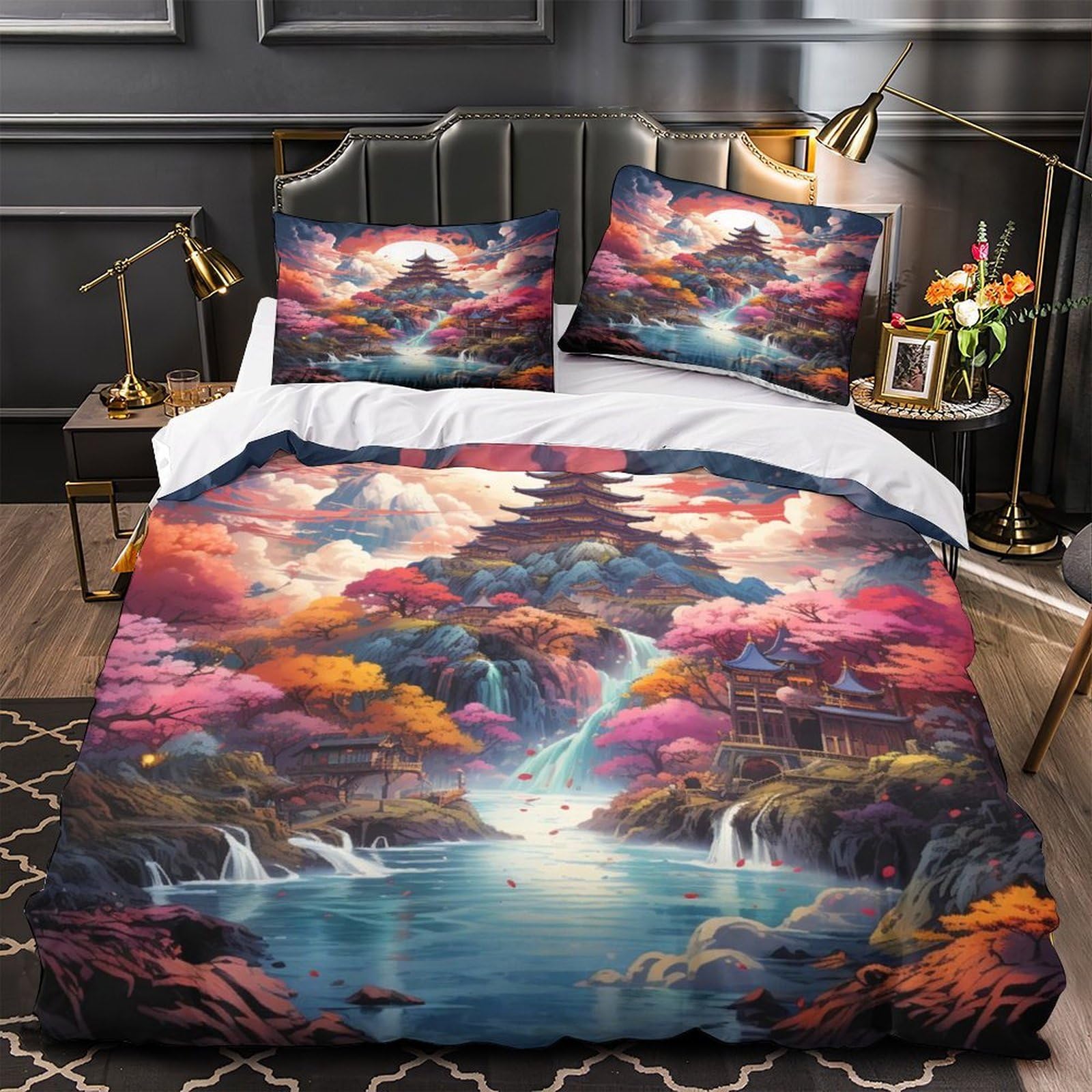 MMDASBVPE Japanese Temple Duvet Cover 3D Print All Season 3-Piece Bed Set Hidden Zipper Fantasy Landscape Quilt Cover Premium Durable for Teens Adults Kids Women Girls Boys Super king（260x220cm）