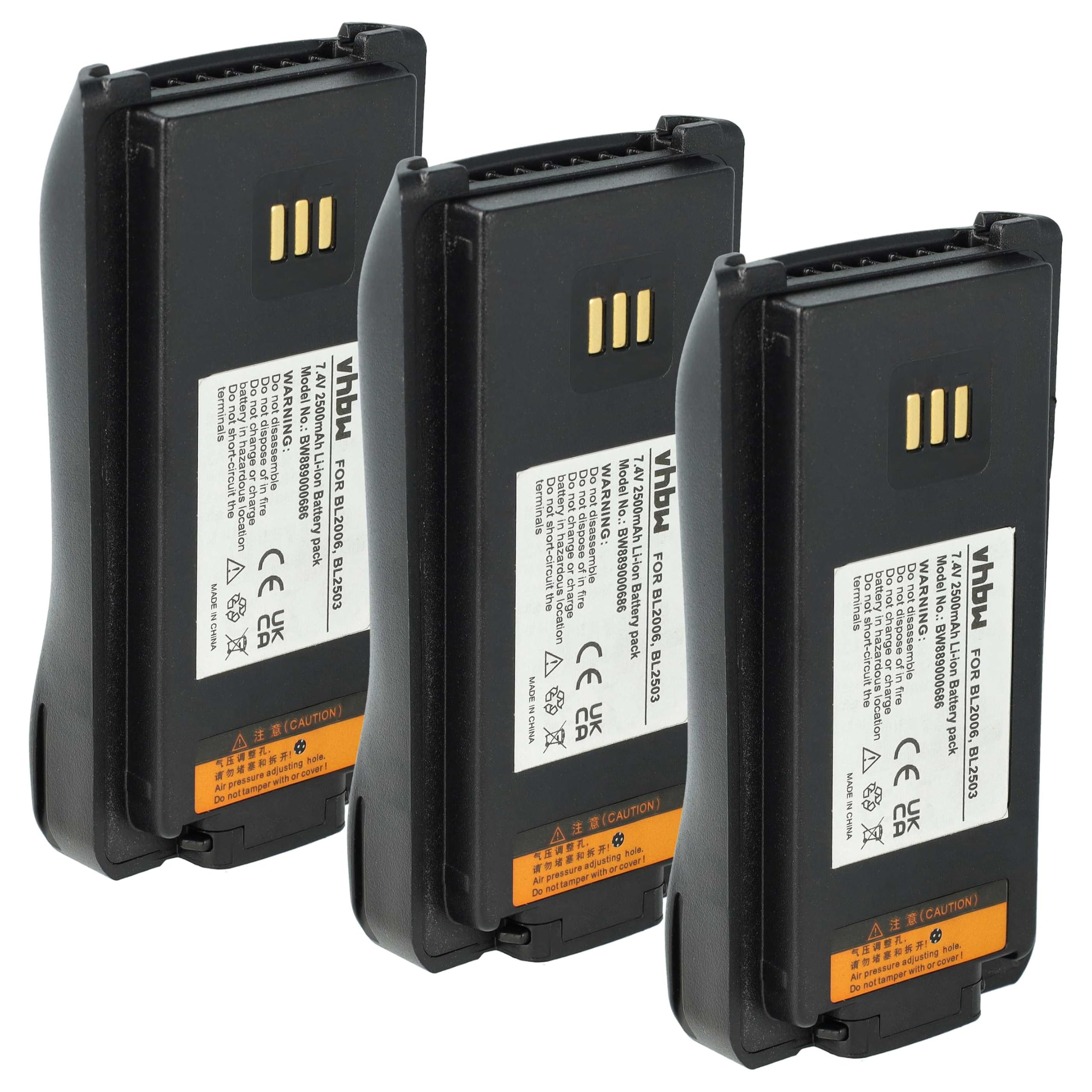 vhbw 3x batteria compatibile con HYT PD702U | 2, PD702V-1, PD702U-1, PD702U-1-RFB, PD702G-V1-RFB, PD-705 radio (2500mAh, 7,4V, Li-Ion)