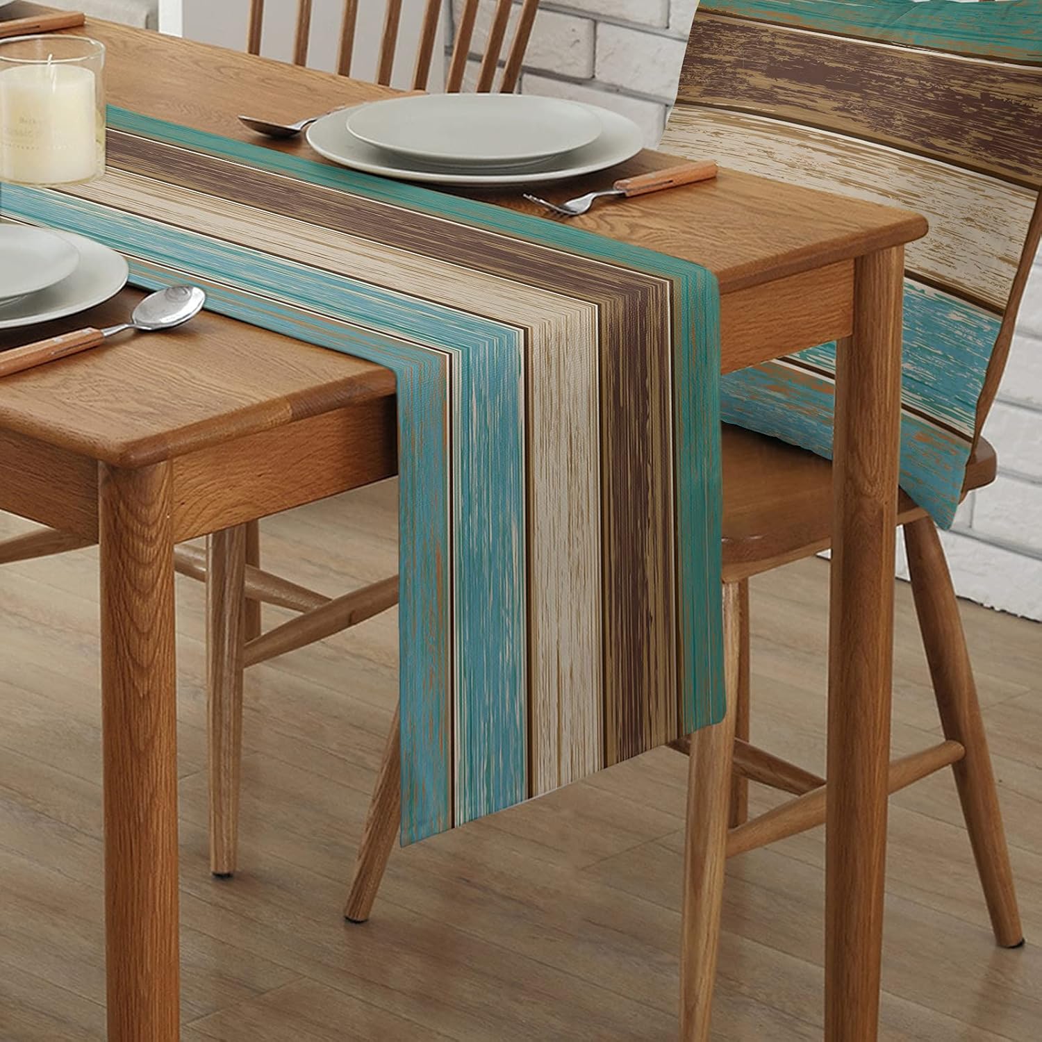 Crаzу Dеаlѕ Cotton Linen Table Runner Dresser Scarves Retro Rustic Barn Wood&Teal Green Brown Non-Slip Burlap Rectangle Table Setting Decor for Farmhouse Wedding Party Holiday Dinner Home, (13X90 Inch)