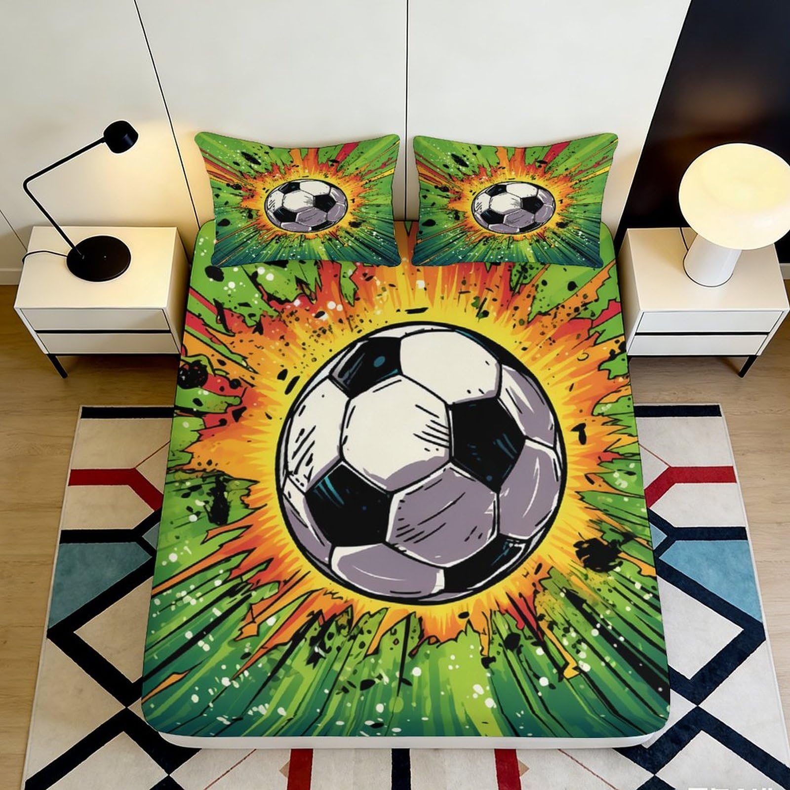 3D Printed Football Explosion Fitted Sheet Microfiber Durable Soft 3D Printed Soccer Ball Bed Cover for Bedroom Dormitory Guest Room Mattress Protection 140x200x25cm