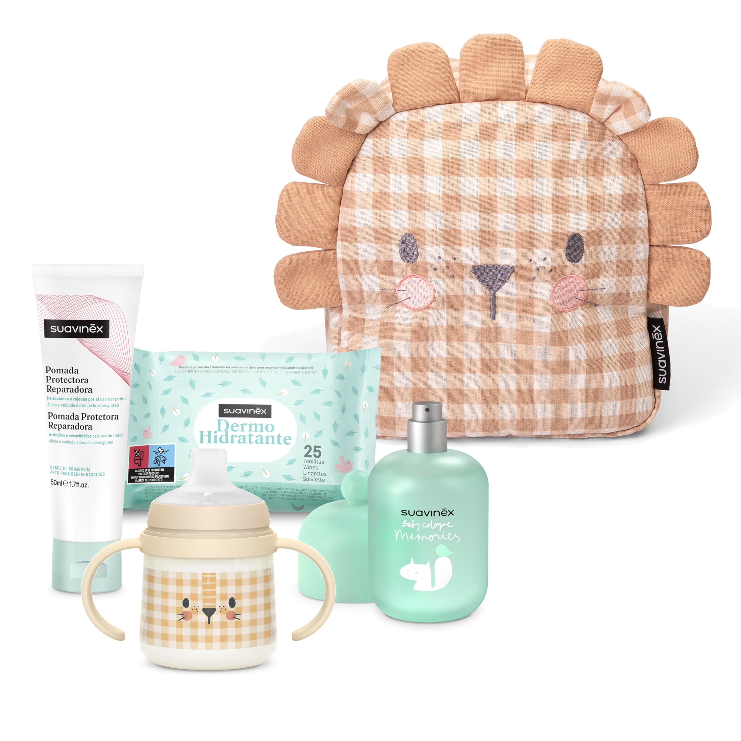 Suavinex, Zaino asilo per bambini, cesto regalo per bambini, con Baby Cologne Memories 100 ml + unguento riparatore 50 ml + confezione da 25 salviettine dermoidratanti + tazza di apprendimento, leone