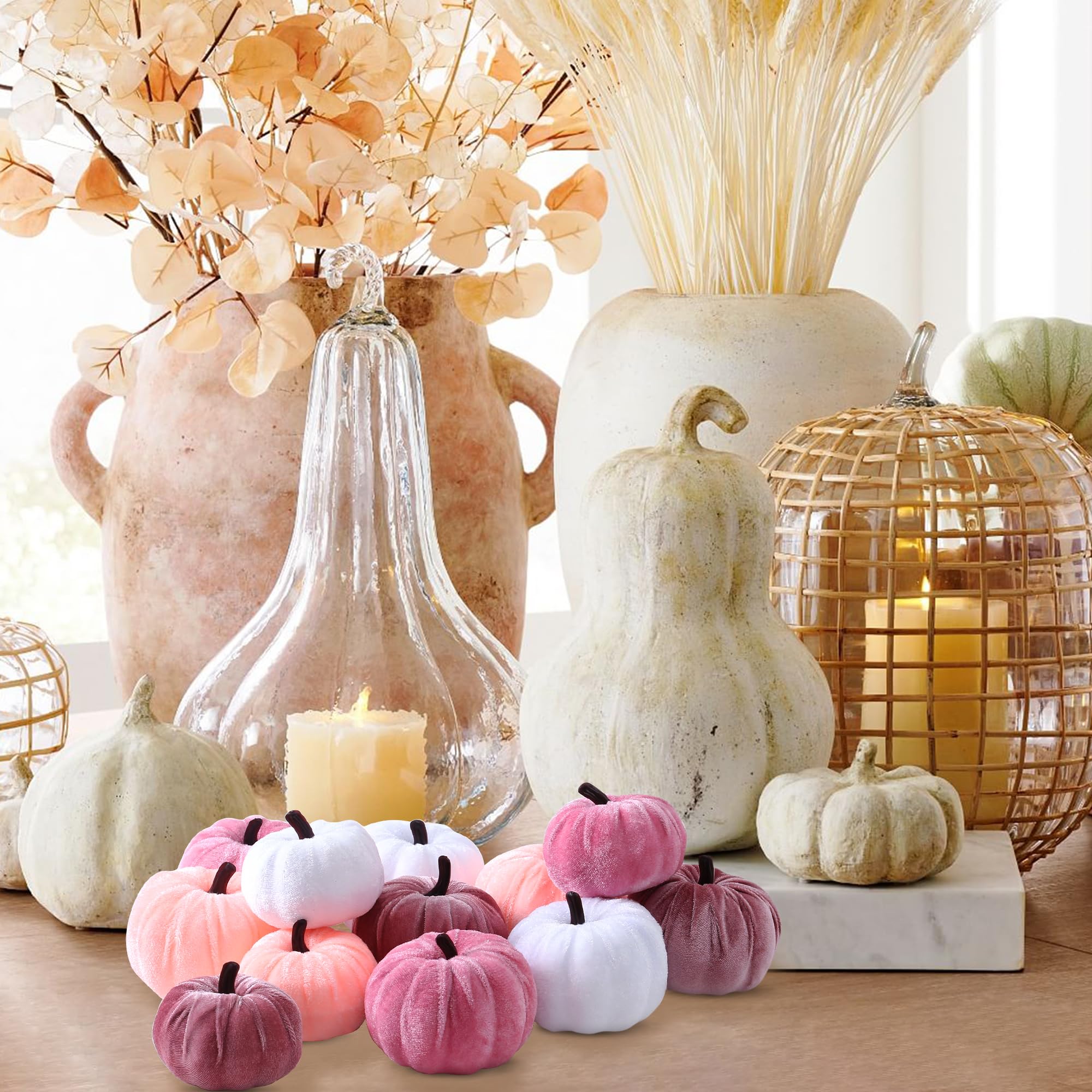 XIANNVXI Lot de 12 petites citrouilles artificielles en velours pour décoration d'Autmn - 3 couleurs - Rose et blanc - Pour décoration d'Halloween, automne, Thanksgiving