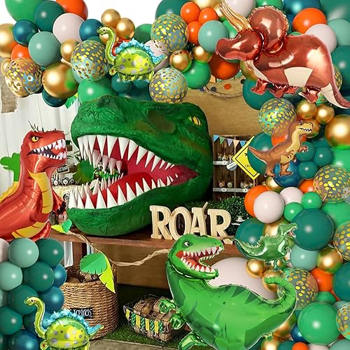 Miniatura 5 de Amandir Kit de guirnalda de arco de globos de dinosaurio de 165 piezas, color verde salvia y naranja, 6 globos de aluminio de dinosaurio, globos de