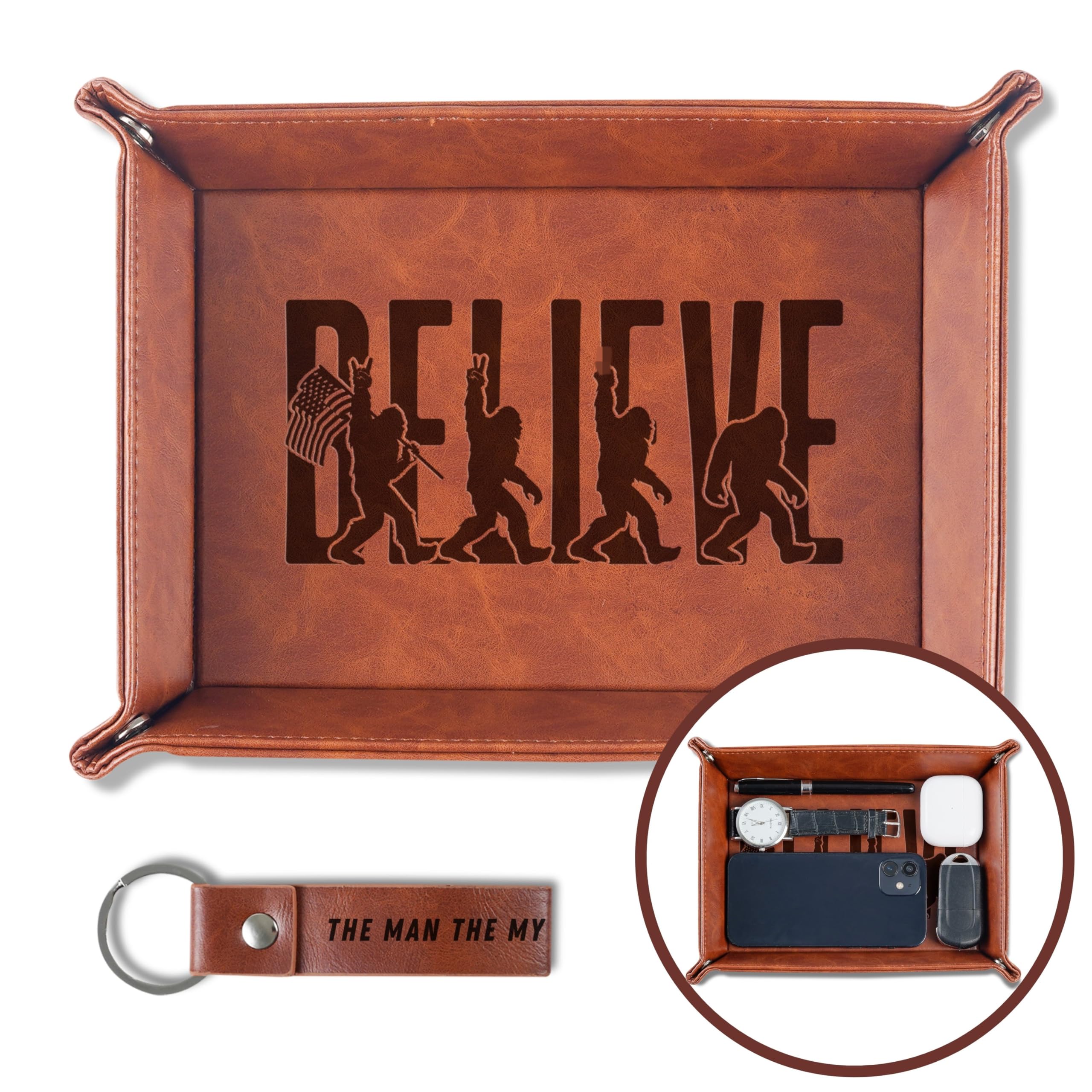 INNObeta Bigfoot Gifts Valet Tray, Desktop Storage Organizer PU Leather Bedside Tray Key Coin Holder for Bigfoot Lover, Perfect for Birthday, Christmas - Believe