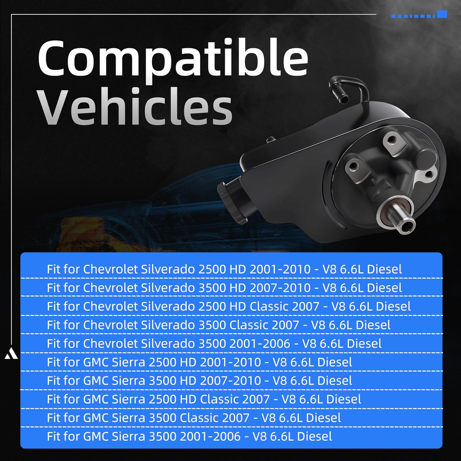 Power Steering Pump, 2001-2010 for Chevy Silverado 2500 HD for GMC Sierra 2500 HD, 2007-2010 for Silverado 3500 HD/Sierra 3500 HD, 2001-2006 for Silverado 3500/Sierra 3500, V8 6.6L, OE 208757