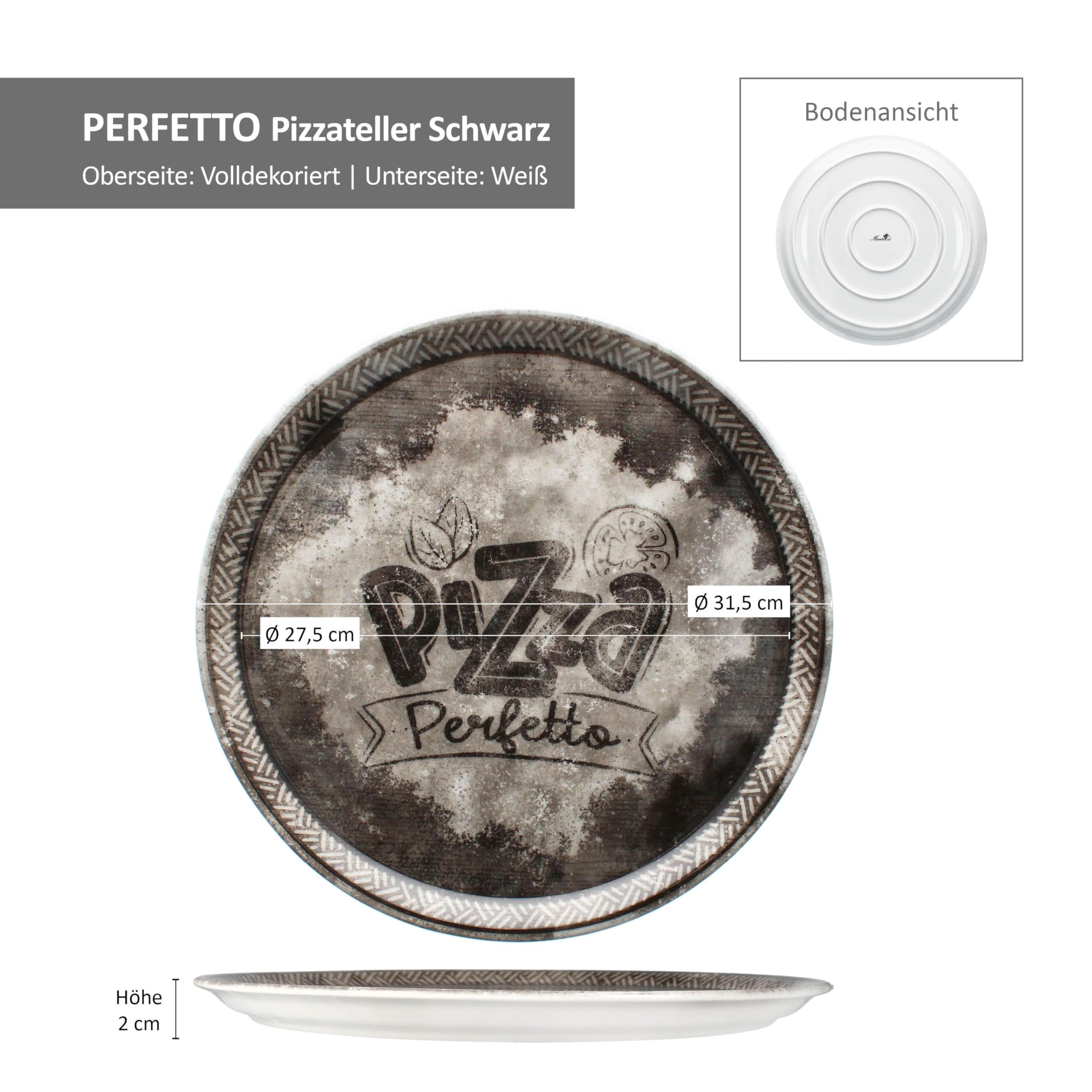 MamboCat Perfetto Lot de 6 assiettes à pizza en porcelaine noire Ø 31,5 cm